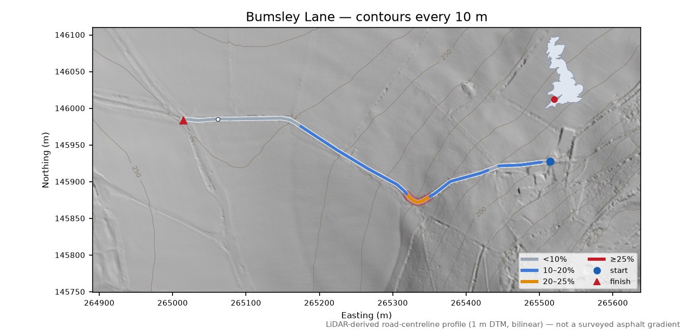 Bumsley Lane LiDAR hillshade map with contours