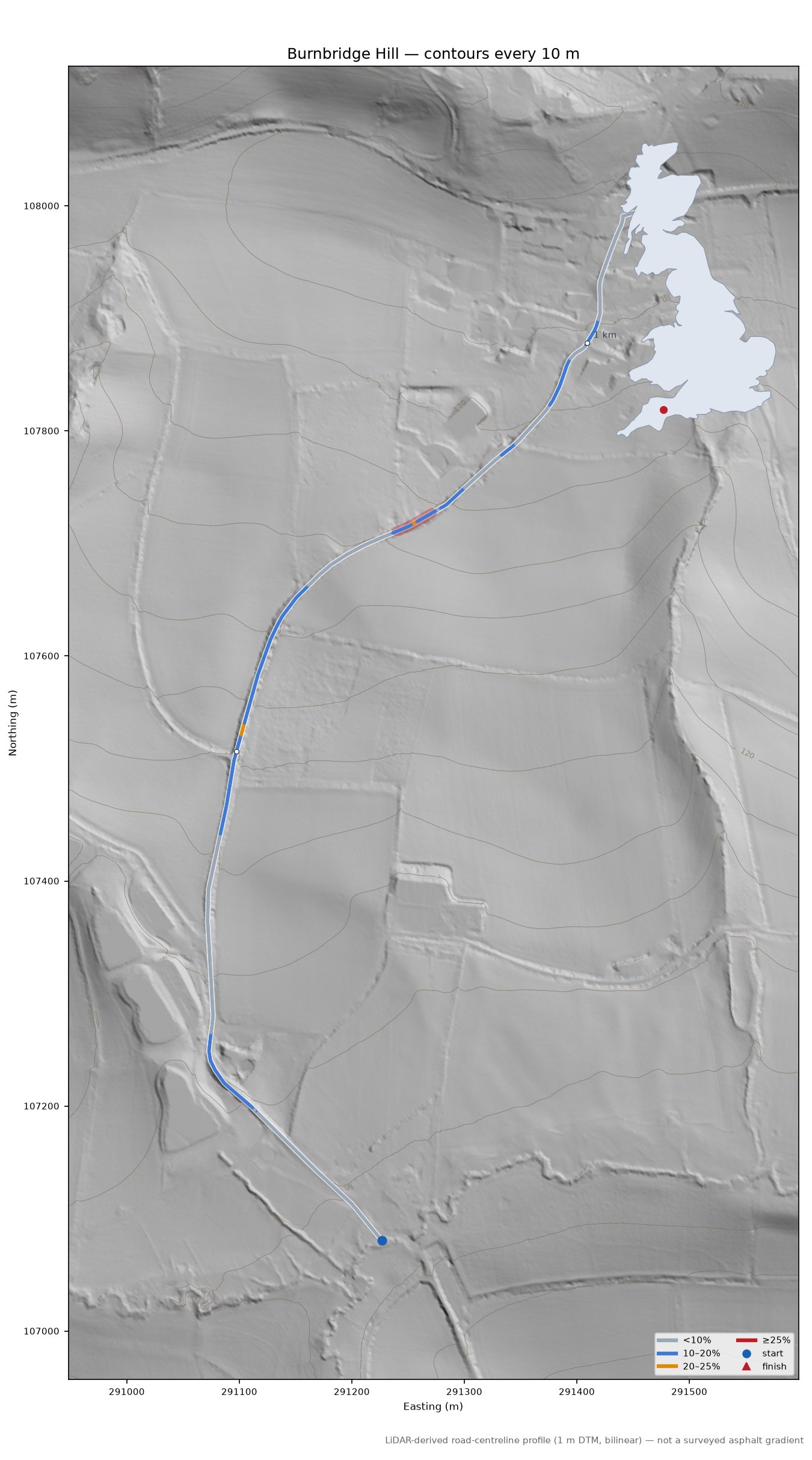 Burnbridge Hill LiDAR hillshade map with contours