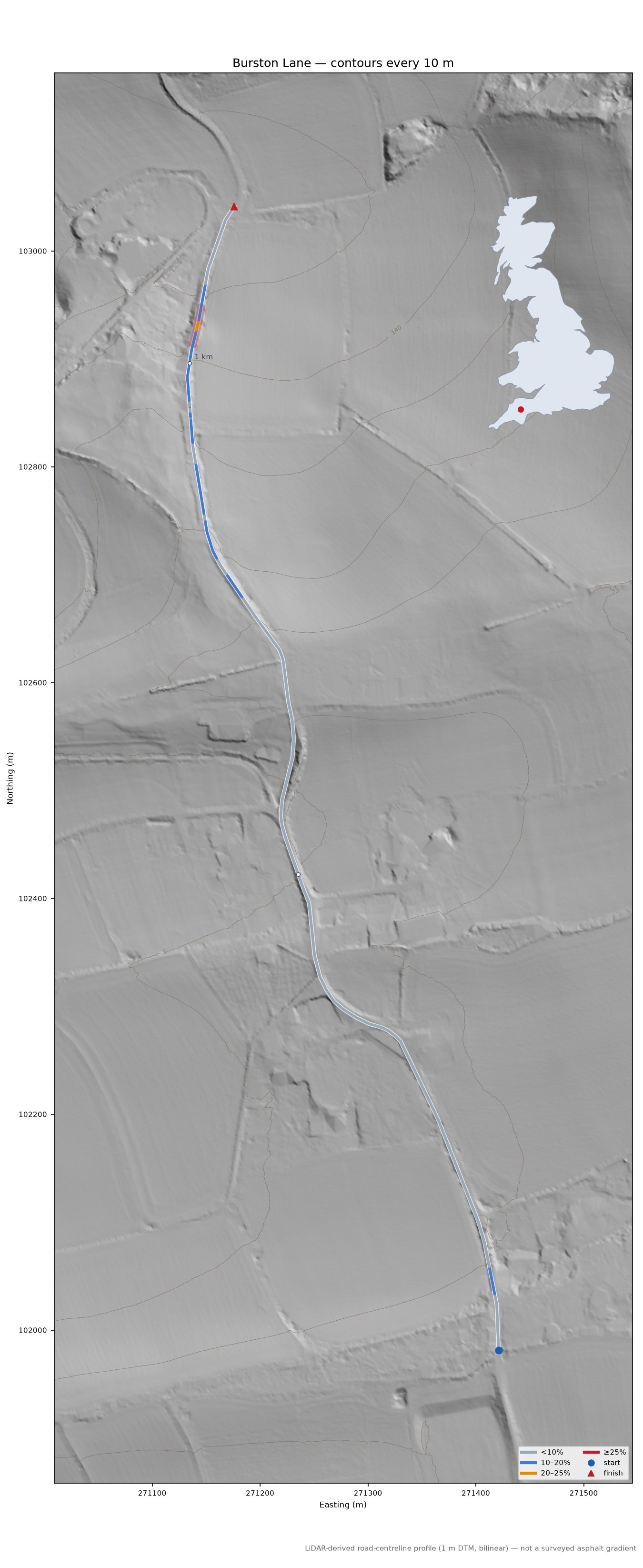 Burston Lane LiDAR hillshade map with contours
