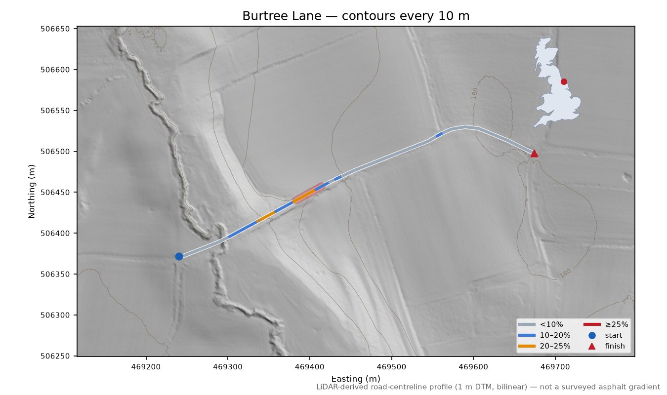 Burtree Lane LiDAR hillshade map with contours