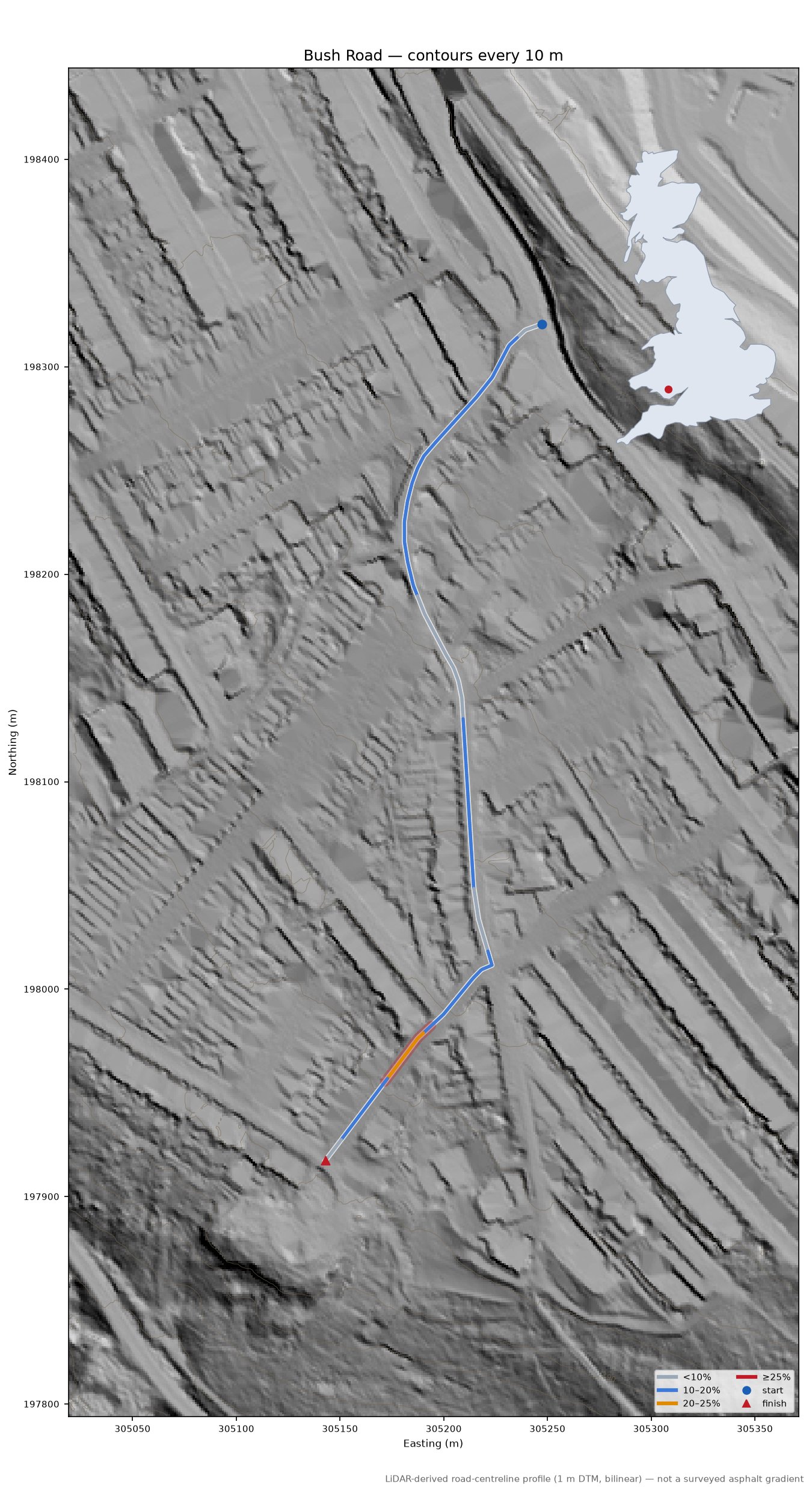 Bush Road LiDAR hillshade map with contours