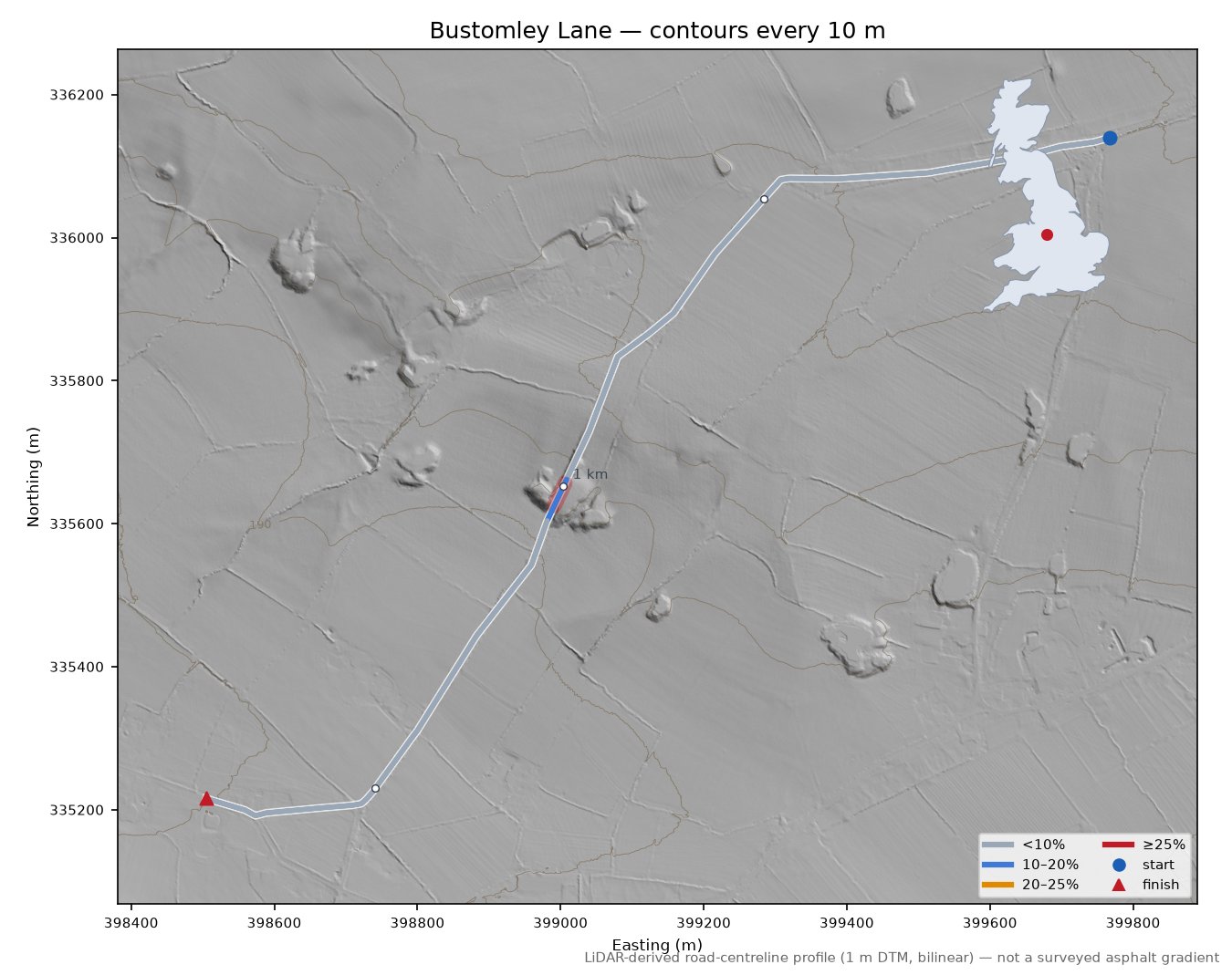 Bustomley Lane LiDAR hillshade map with contours
