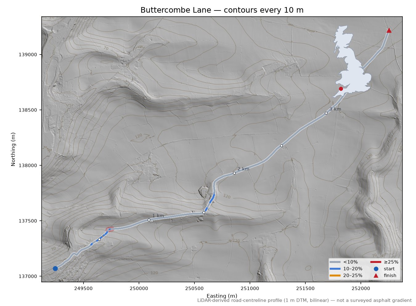 Buttercombe Lane LiDAR hillshade map with contours