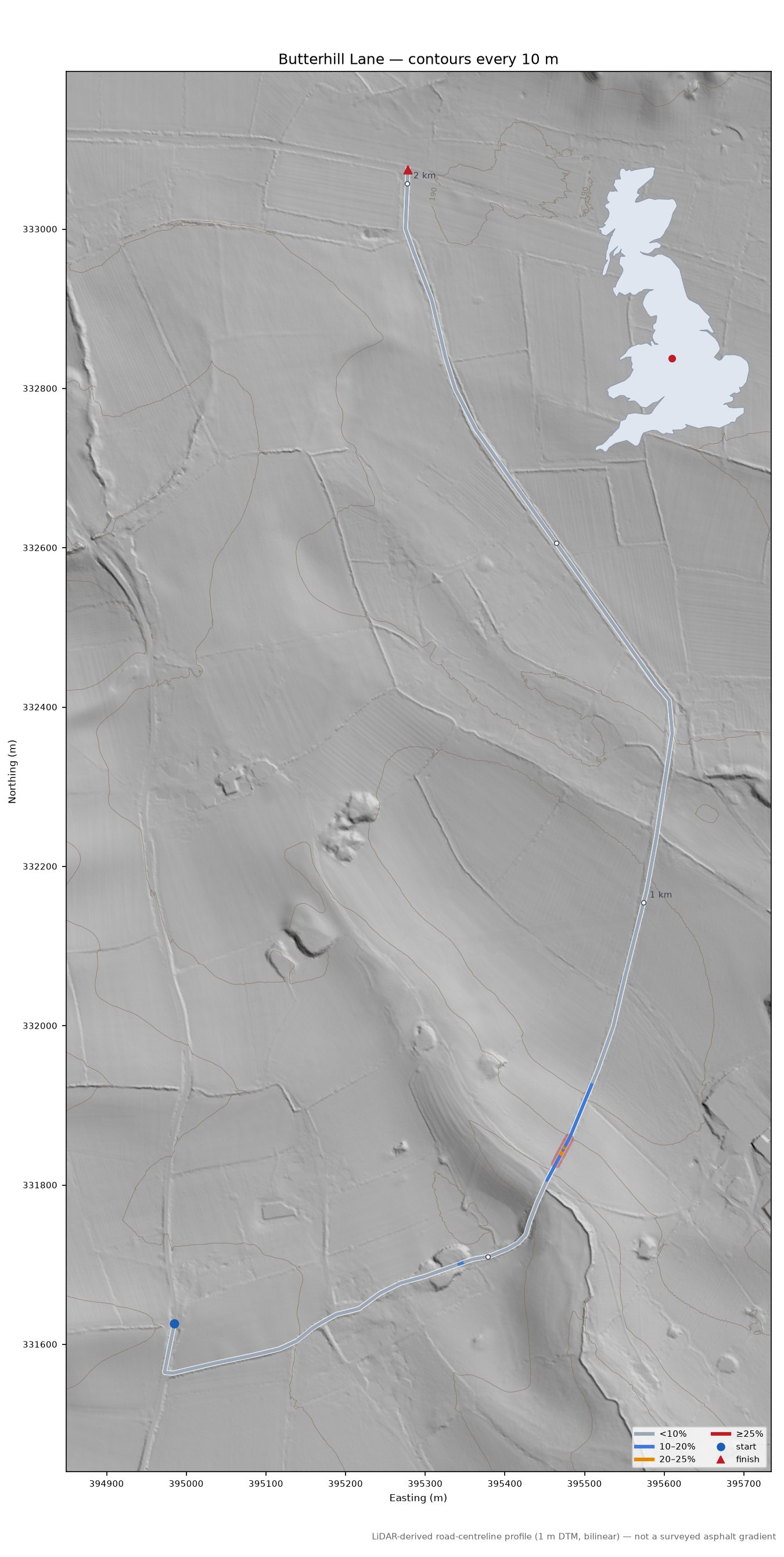 Butterhill Lane LiDAR hillshade map with contours