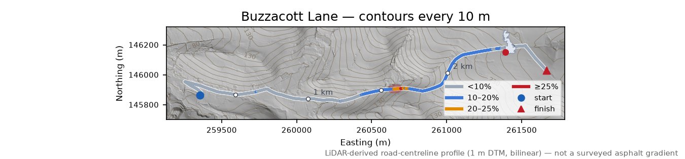 Buzzacott Lane LiDAR hillshade map with contours