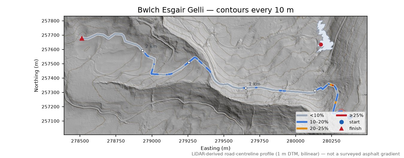 Bwlch Esgair Gelli LiDAR hillshade map with contours