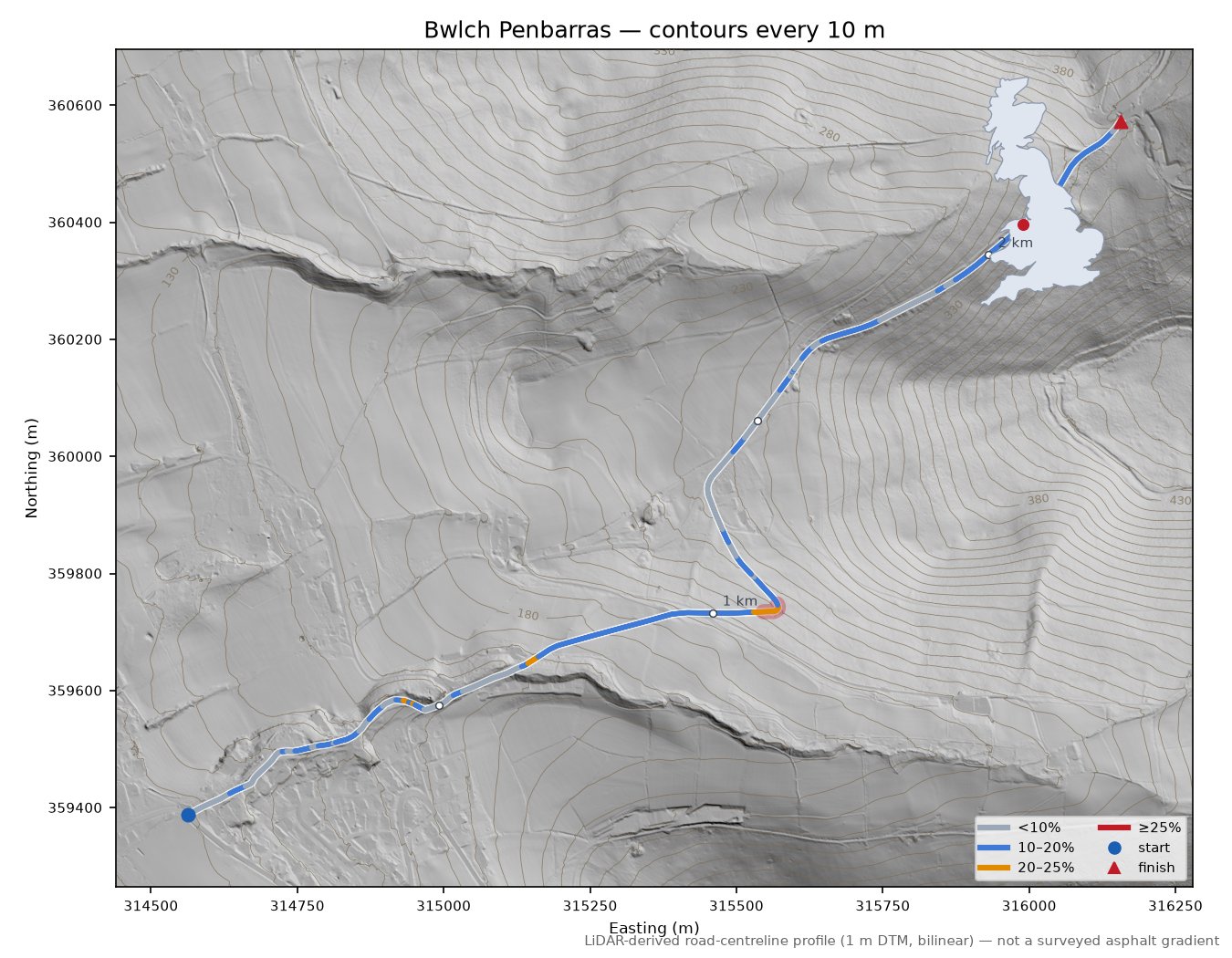 Bwlch Penbarras LiDAR hillshade map with contours