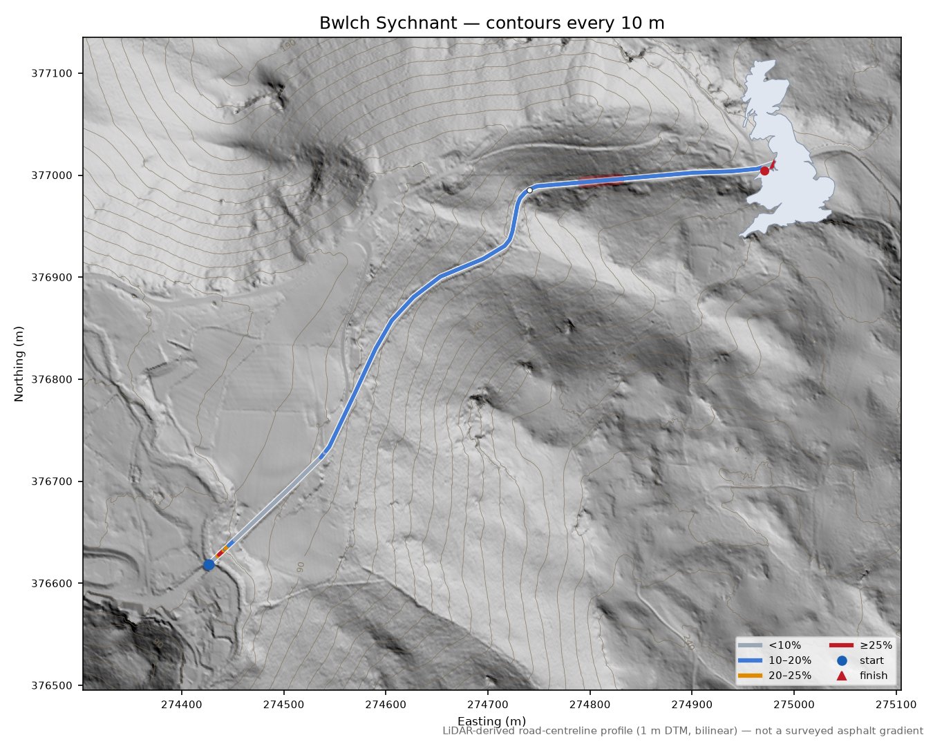 Bwlch Sychnant LiDAR hillshade map with contours