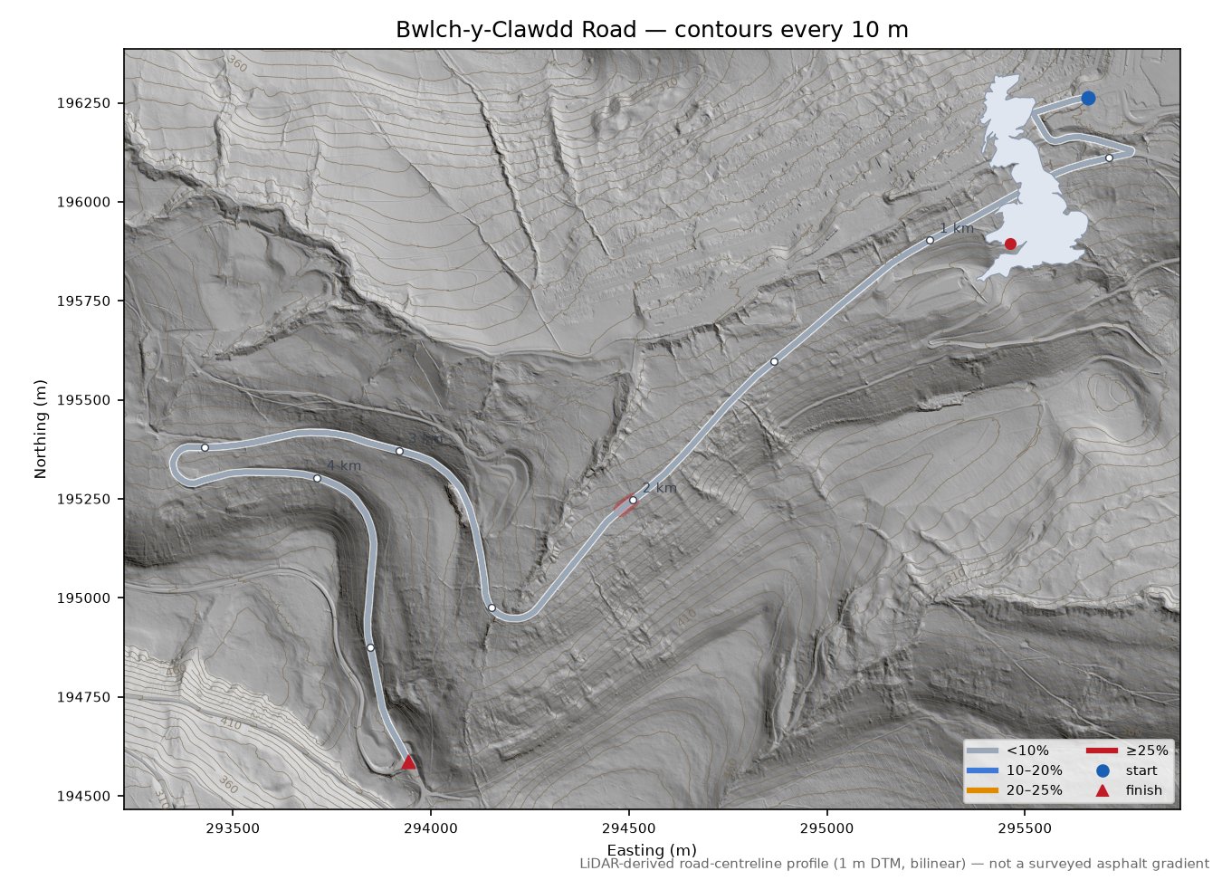 Bwlch-y-Clawdd Road LiDAR hillshade map with contours