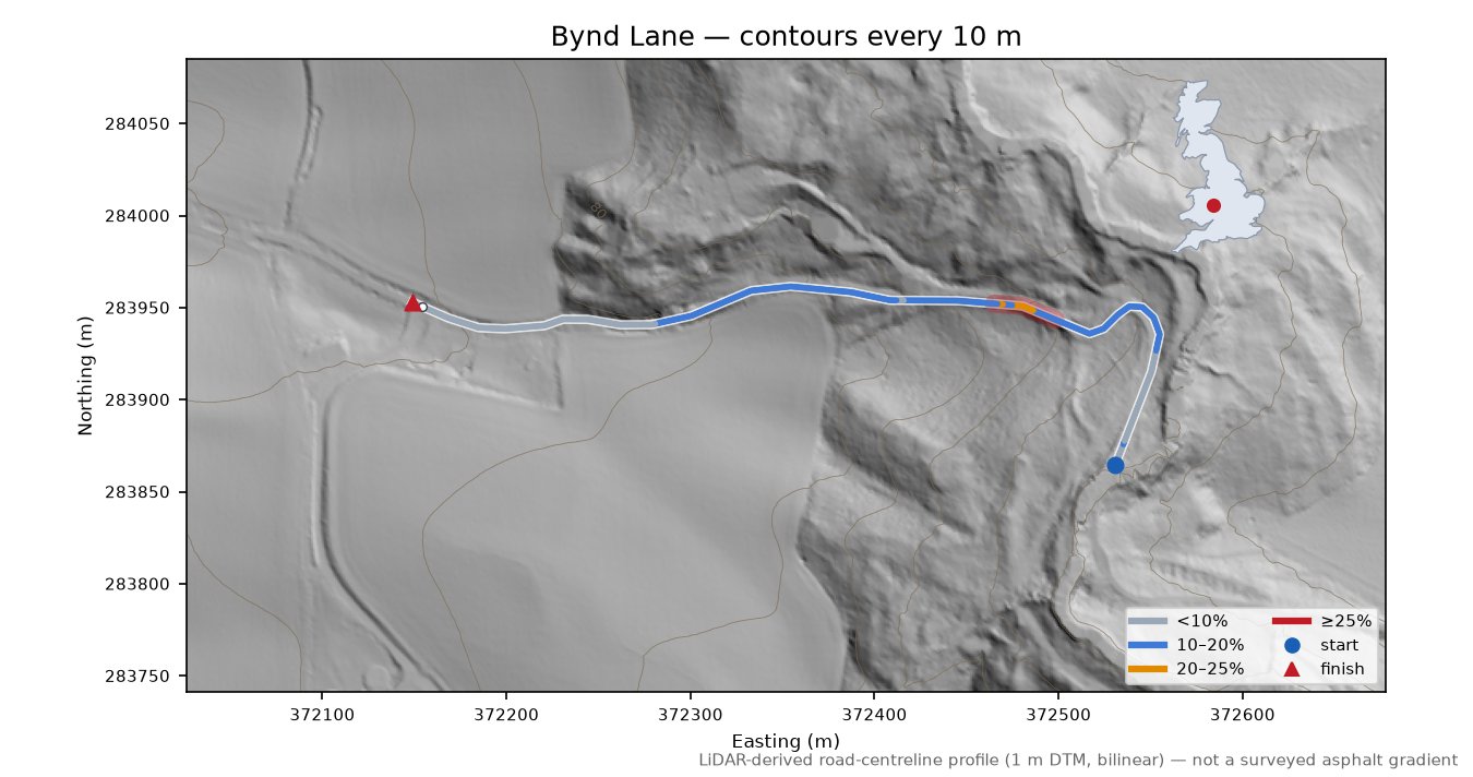 Bynd Lane LiDAR hillshade map with contours