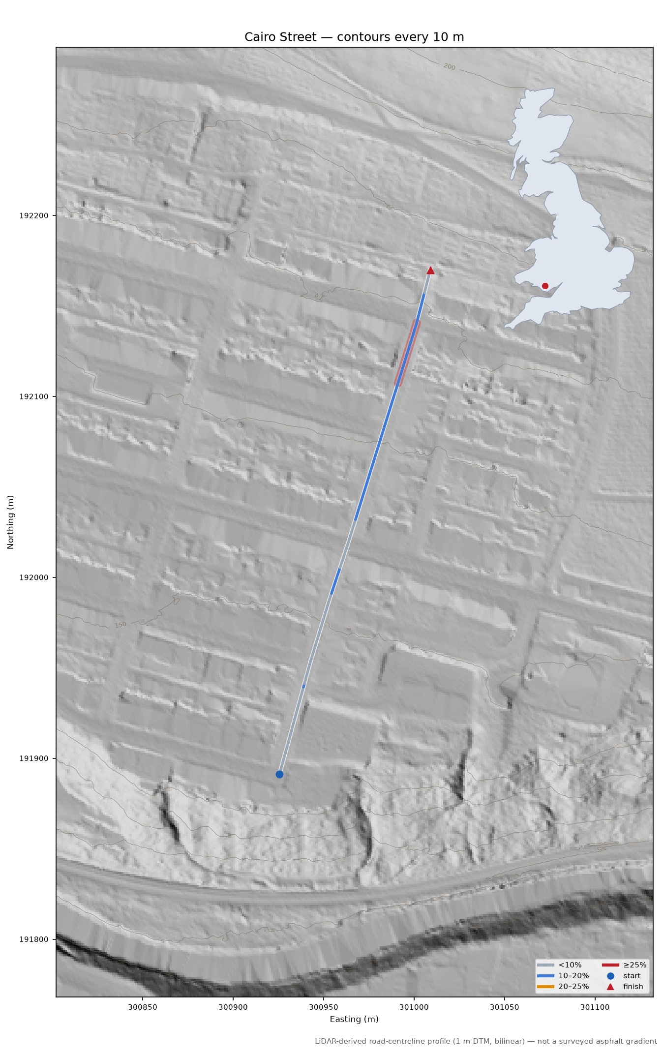 Cairo Street LiDAR hillshade map with contours
