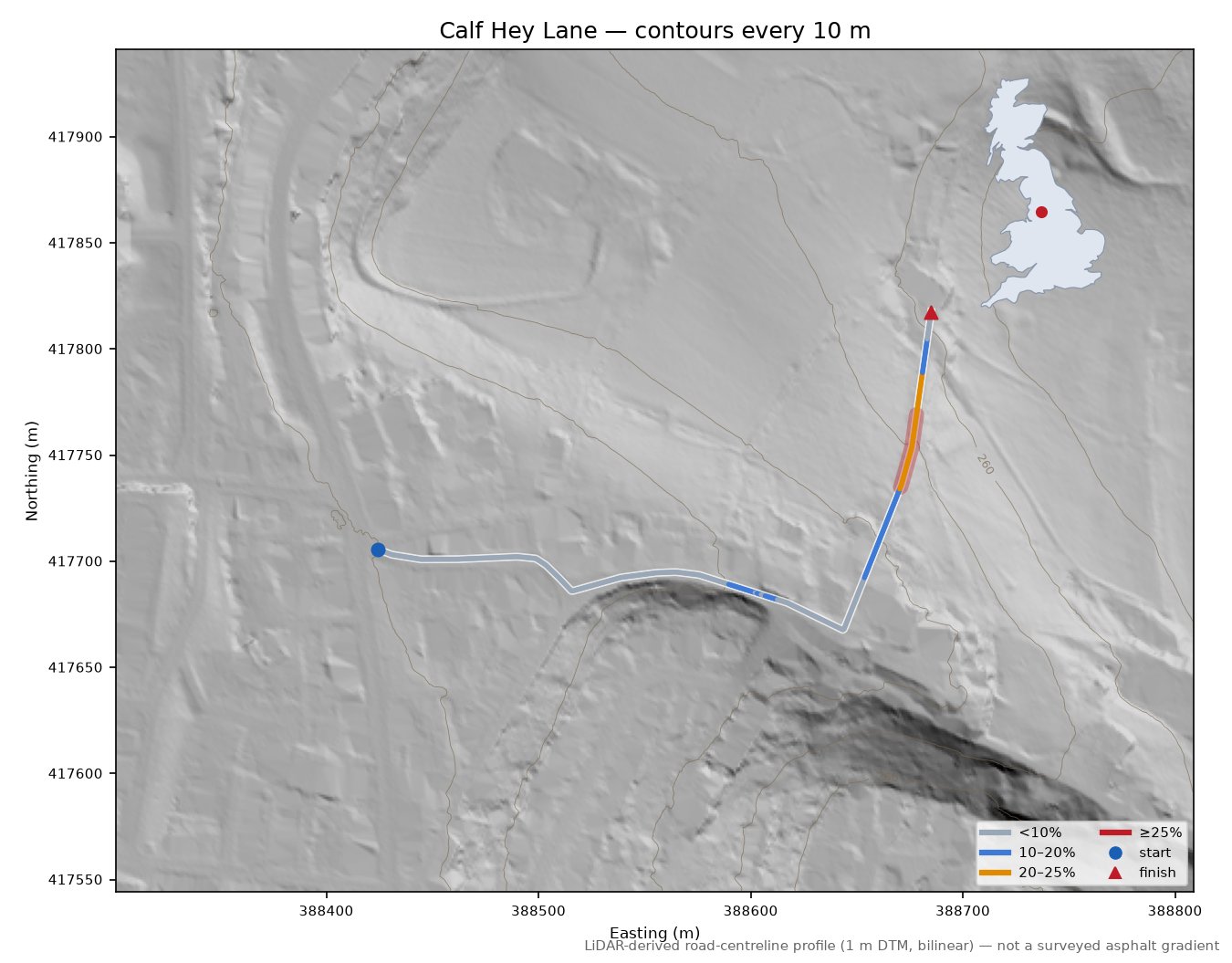 Calf Hey Lane LiDAR hillshade map with contours
