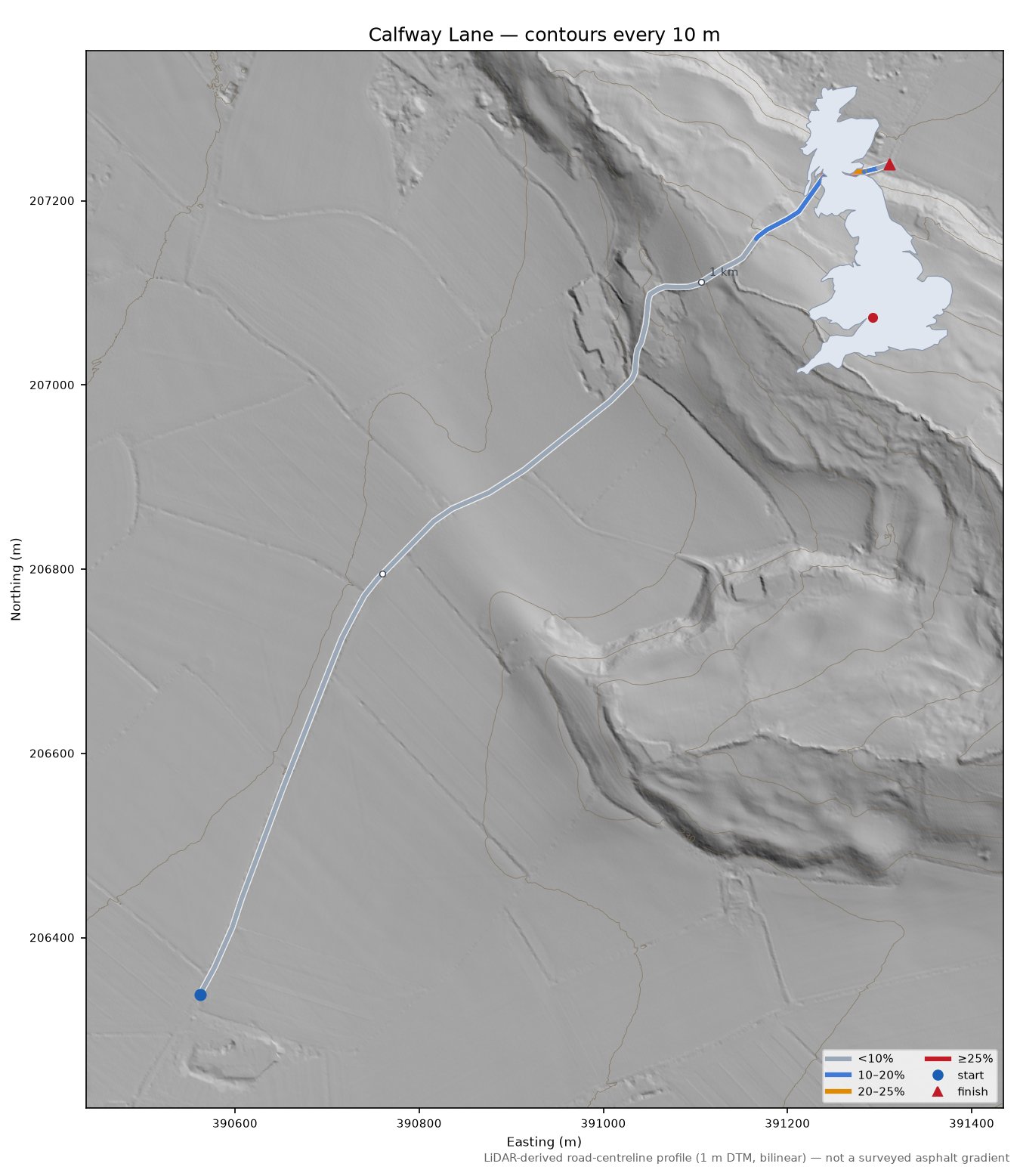 Calfway Lane LiDAR hillshade map with contours