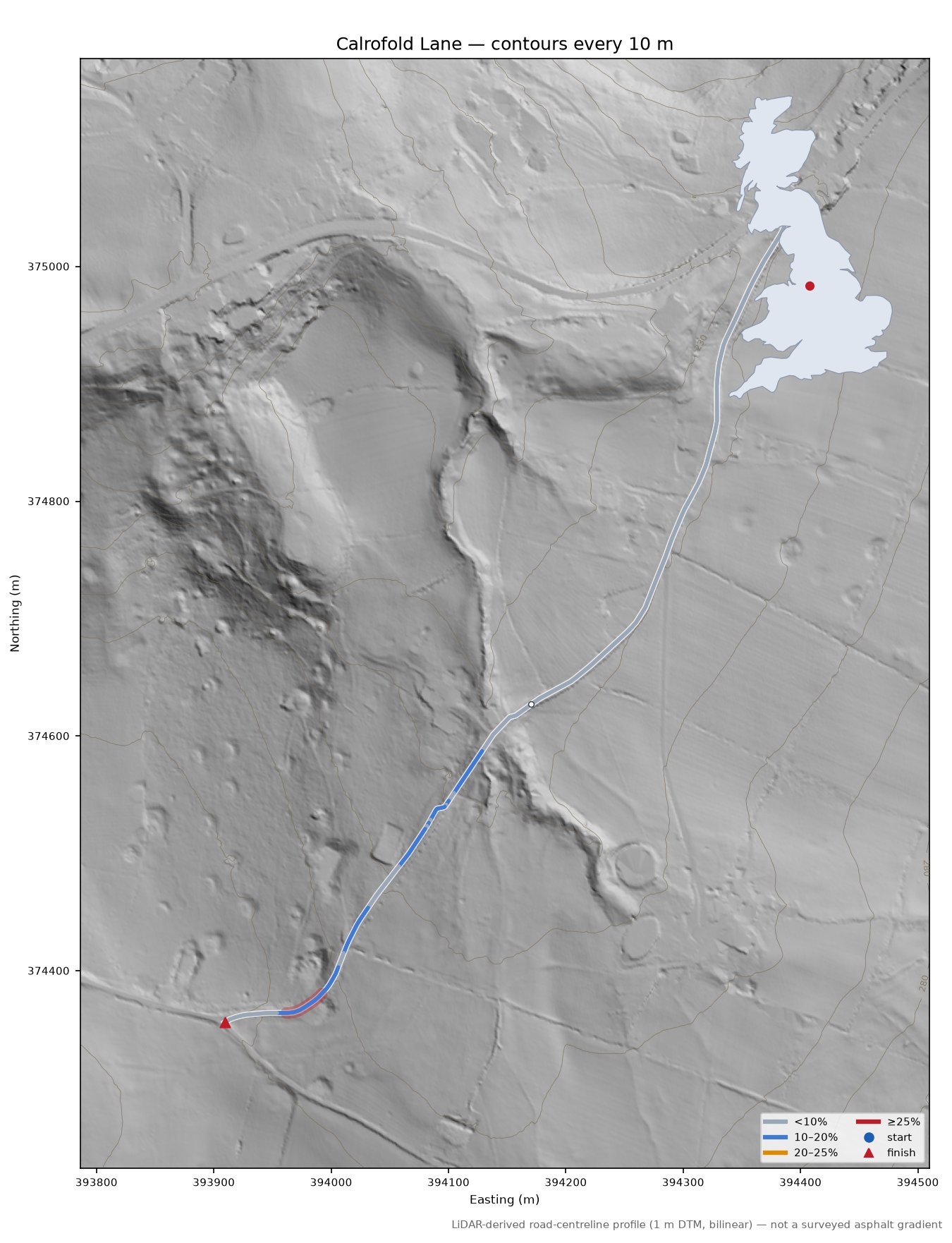 Calrofold Lane LiDAR hillshade map with contours