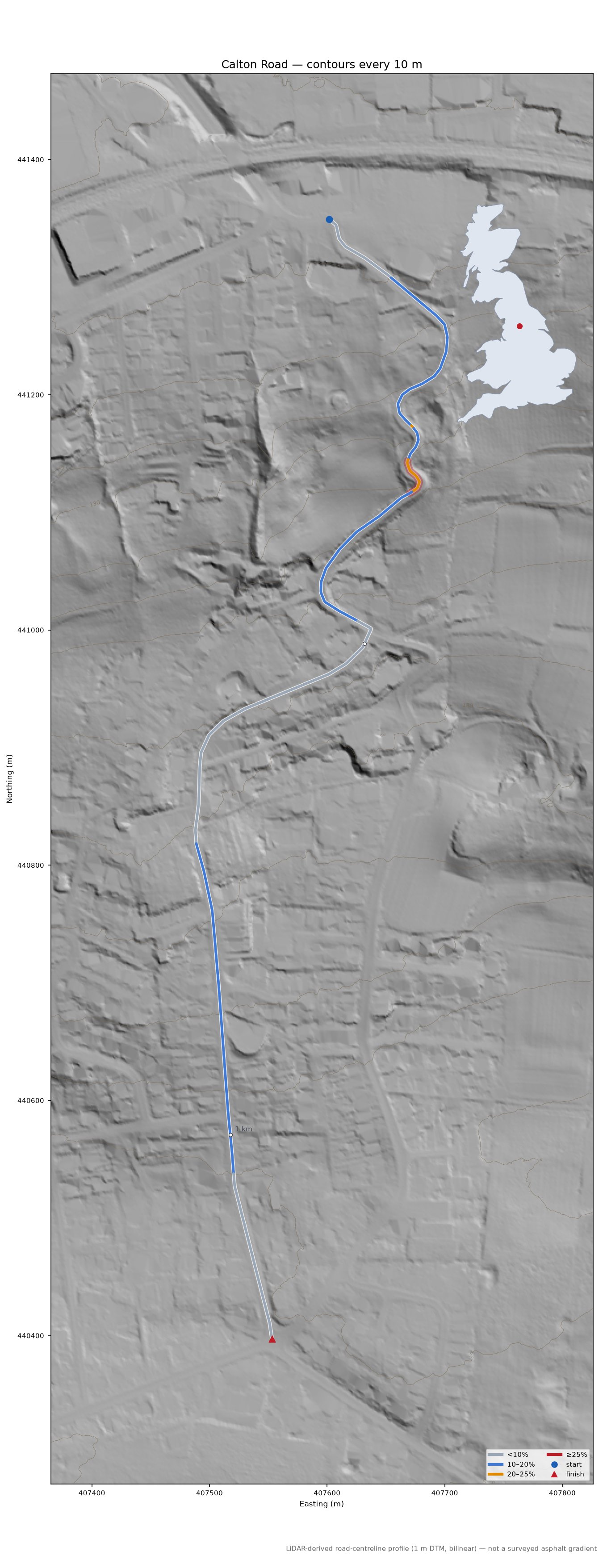 Calton Road LiDAR hillshade map with contours