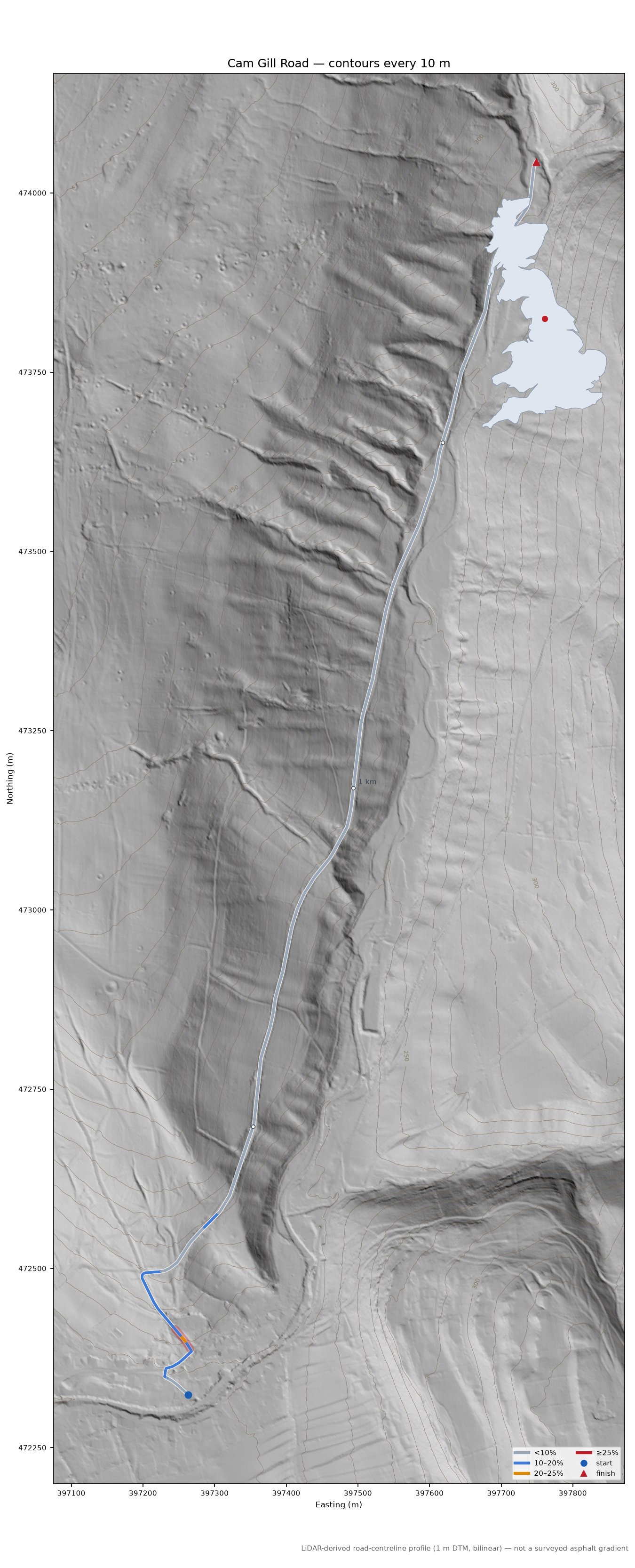 Cam Gill Road LiDAR hillshade map with contours