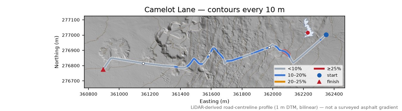 Camelot Lane LiDAR hillshade map with contours