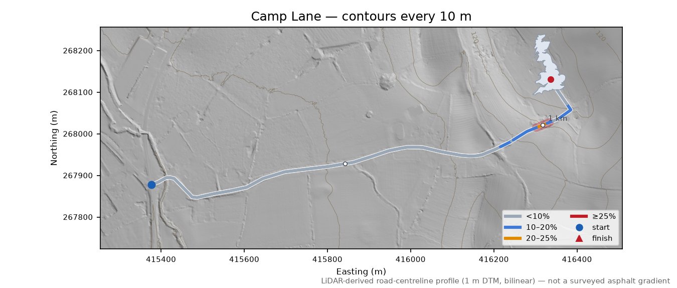Camp Lane LiDAR hillshade map with contours