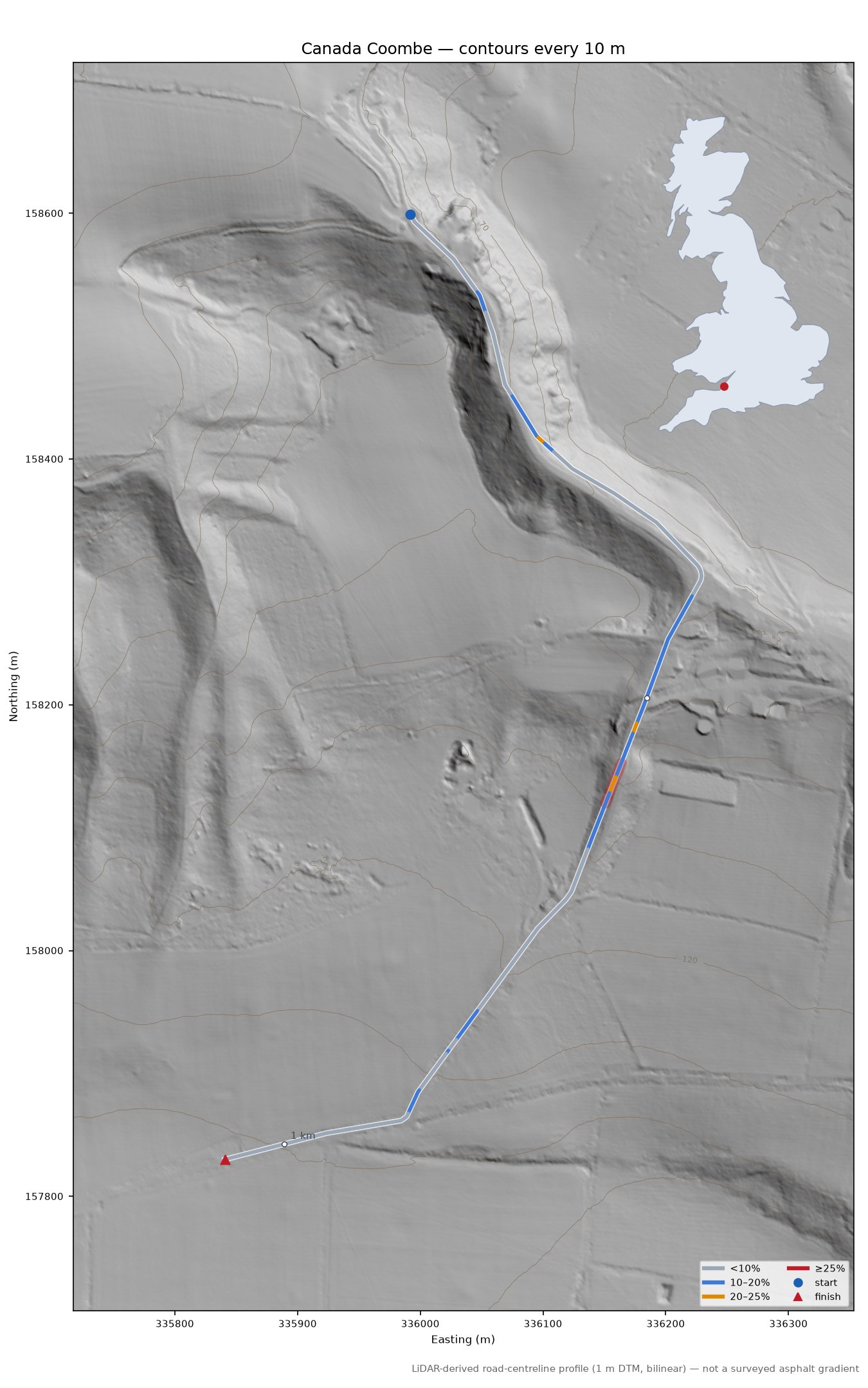 Canada Coombe LiDAR hillshade map with contours