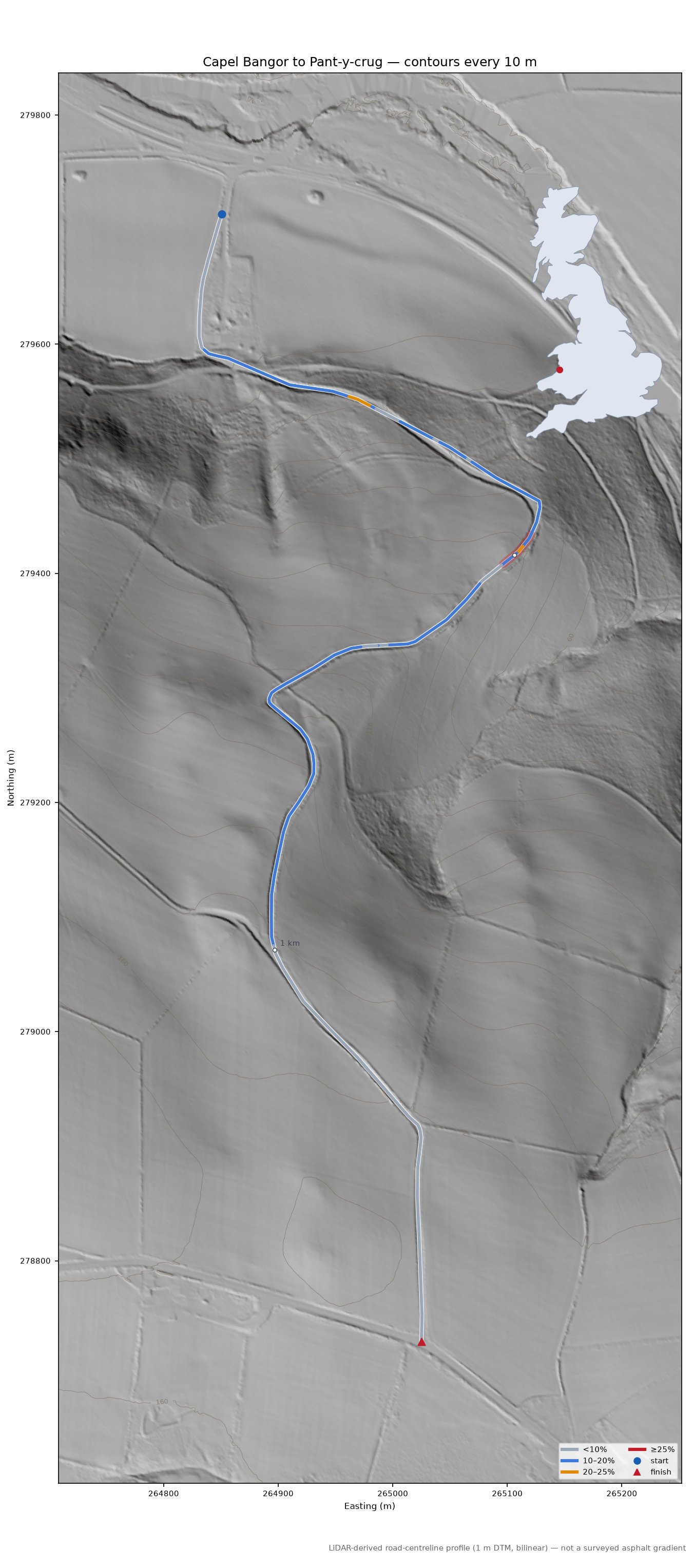 Capel Bangor to Pant-y-crug LiDAR hillshade map with contours