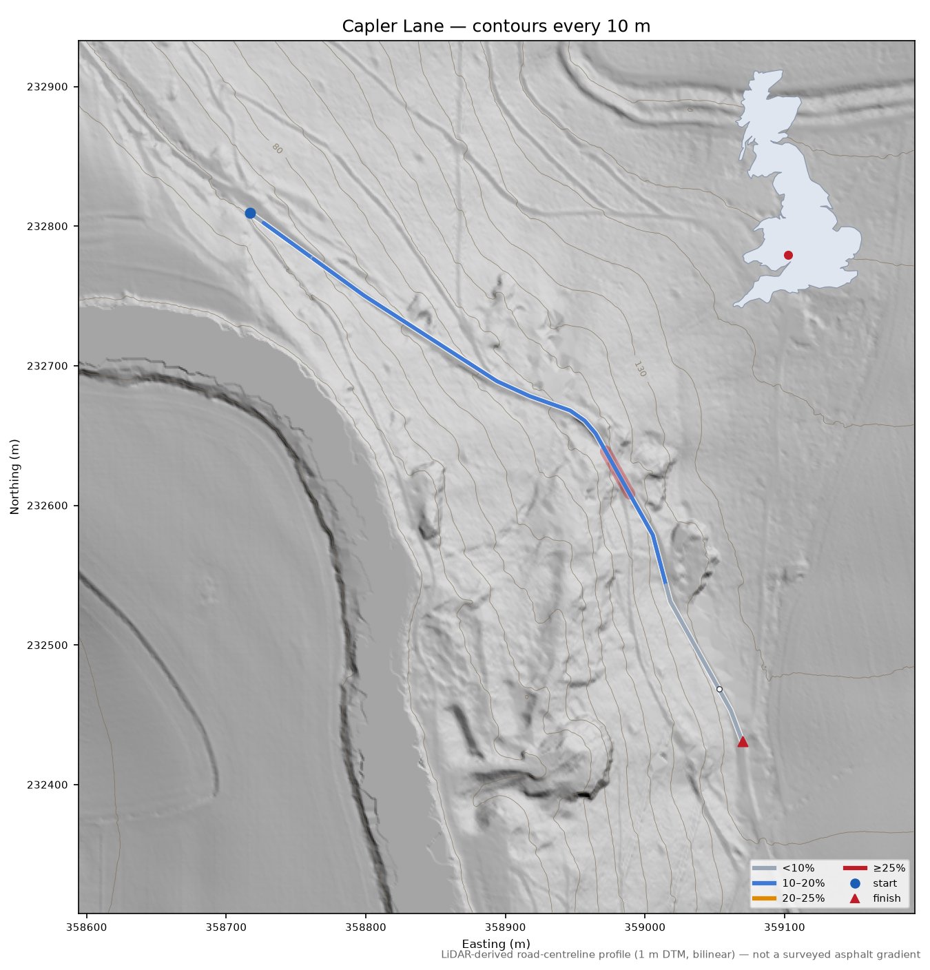 Capler Lane LiDAR hillshade map with contours