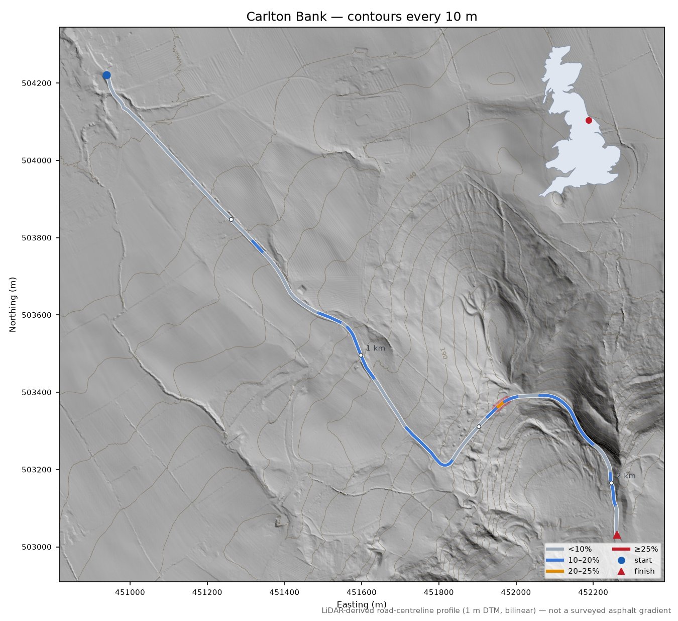 Carlton Bank LiDAR hillshade map with contours