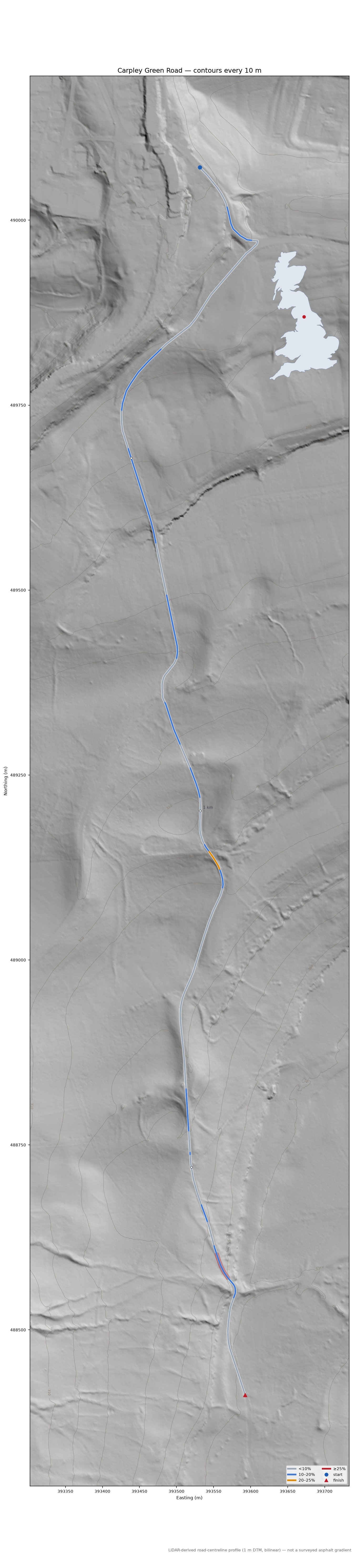 Carpley Green Road LiDAR hillshade map with contours