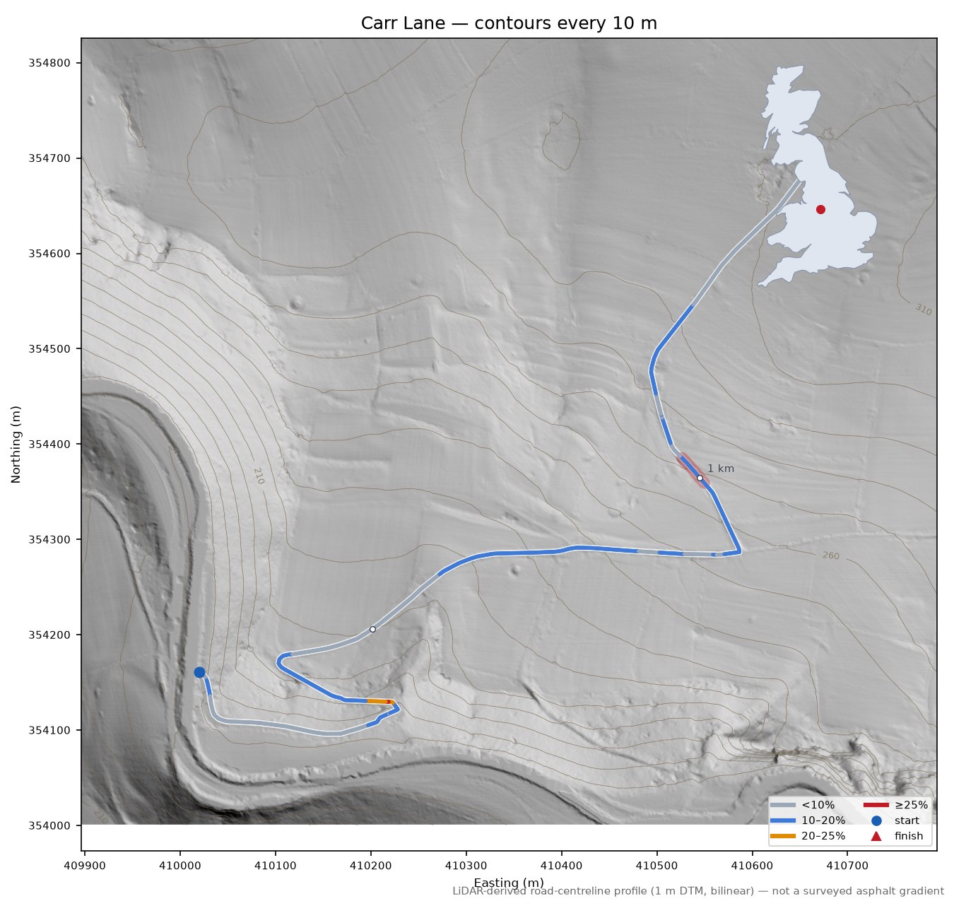 Carr Lane LiDAR hillshade map with contours