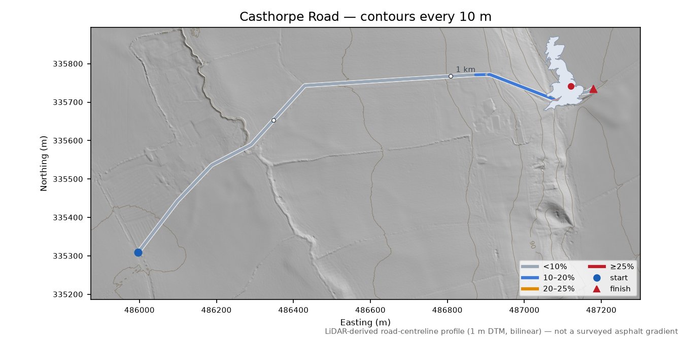 Casthorpe Road LiDAR hillshade map with contours