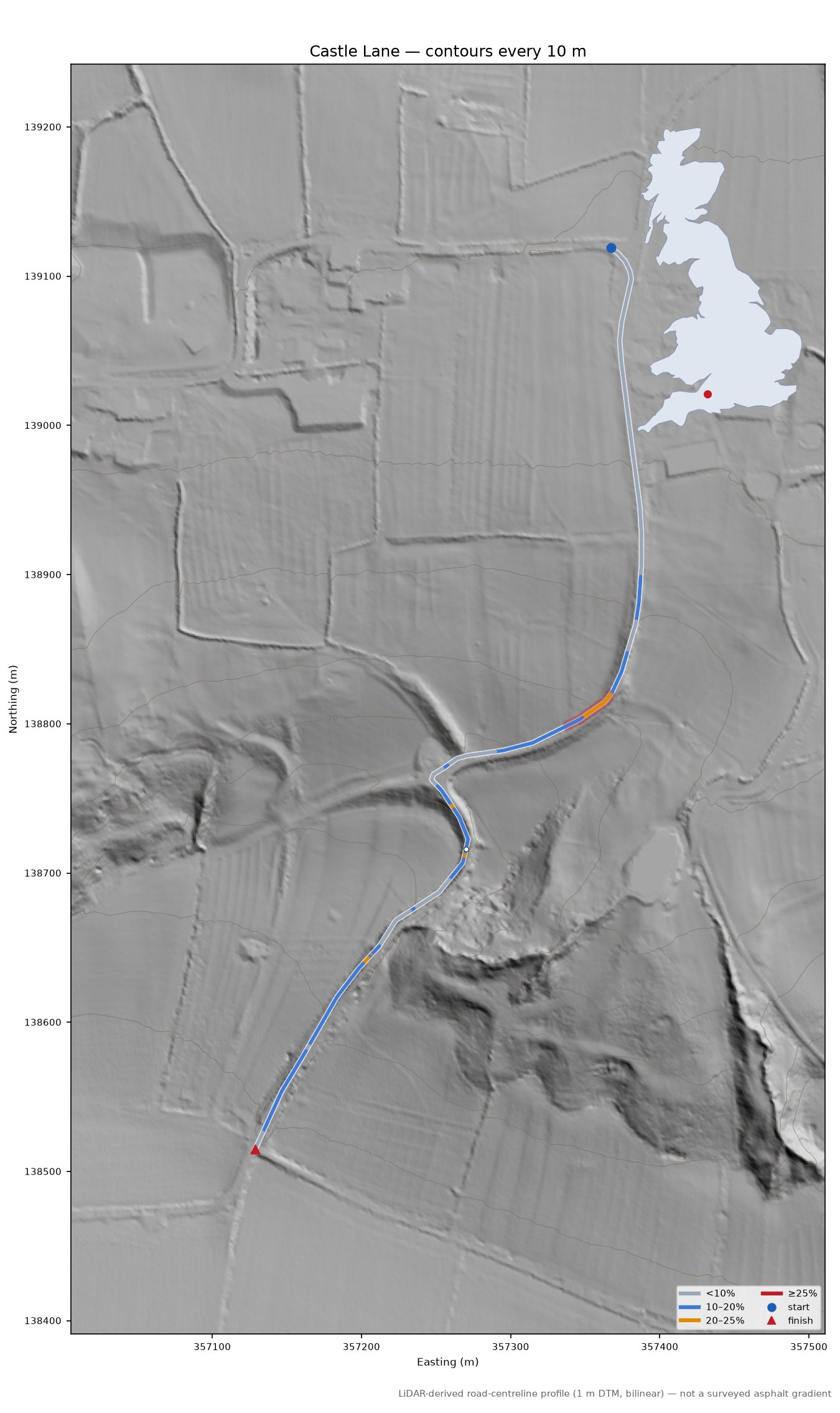 Castle Lane LiDAR hillshade map with contours
