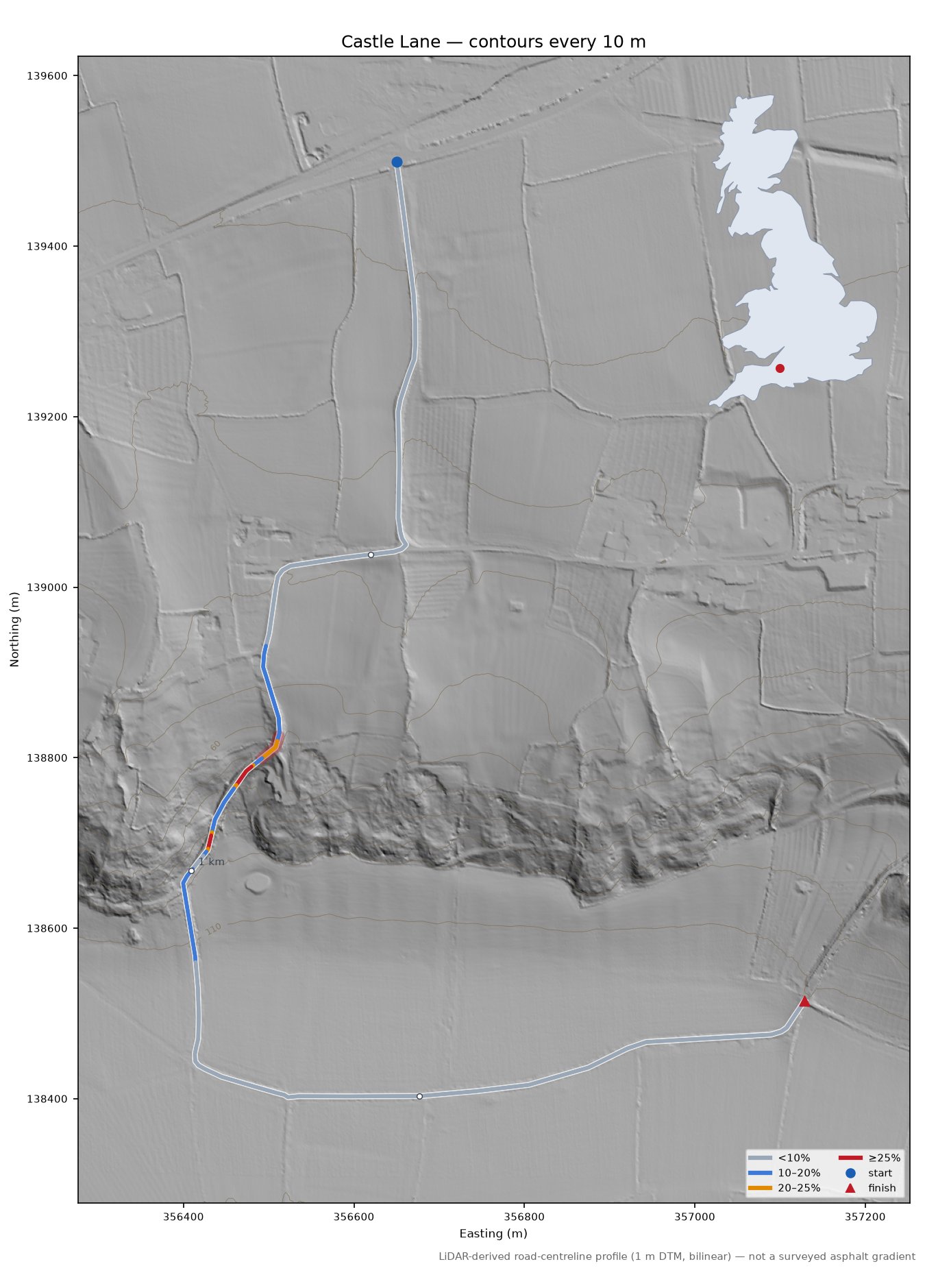 Castle Lane LiDAR hillshade map with contours