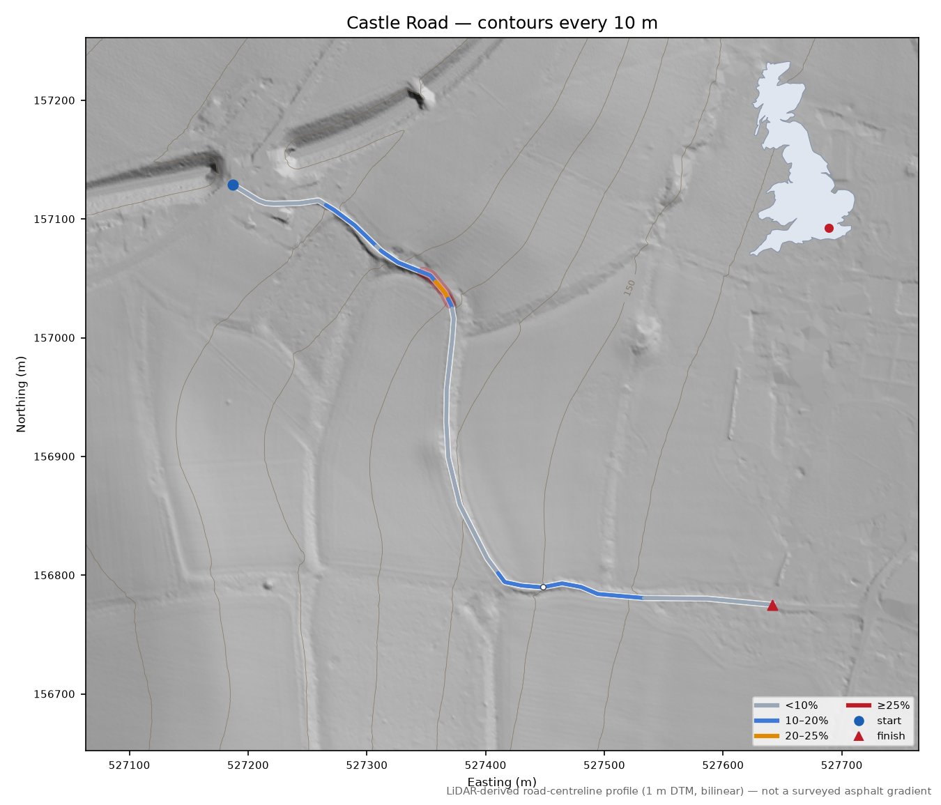 Castle Road LiDAR hillshade map with contours