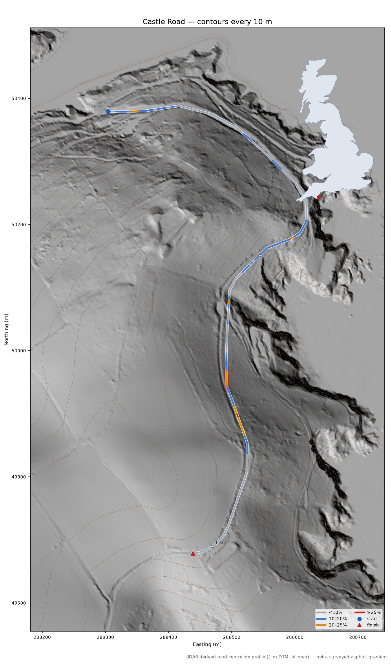 Castle Road LiDAR hillshade map with contours