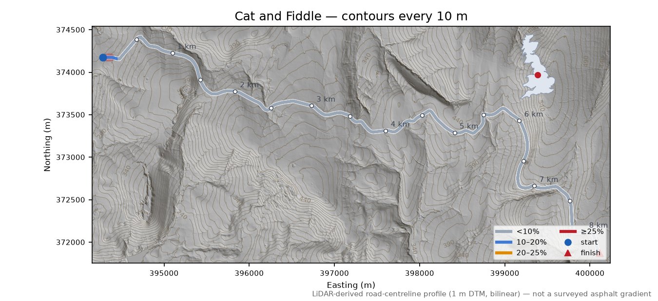Cat and Fiddle LiDAR hillshade map with contours