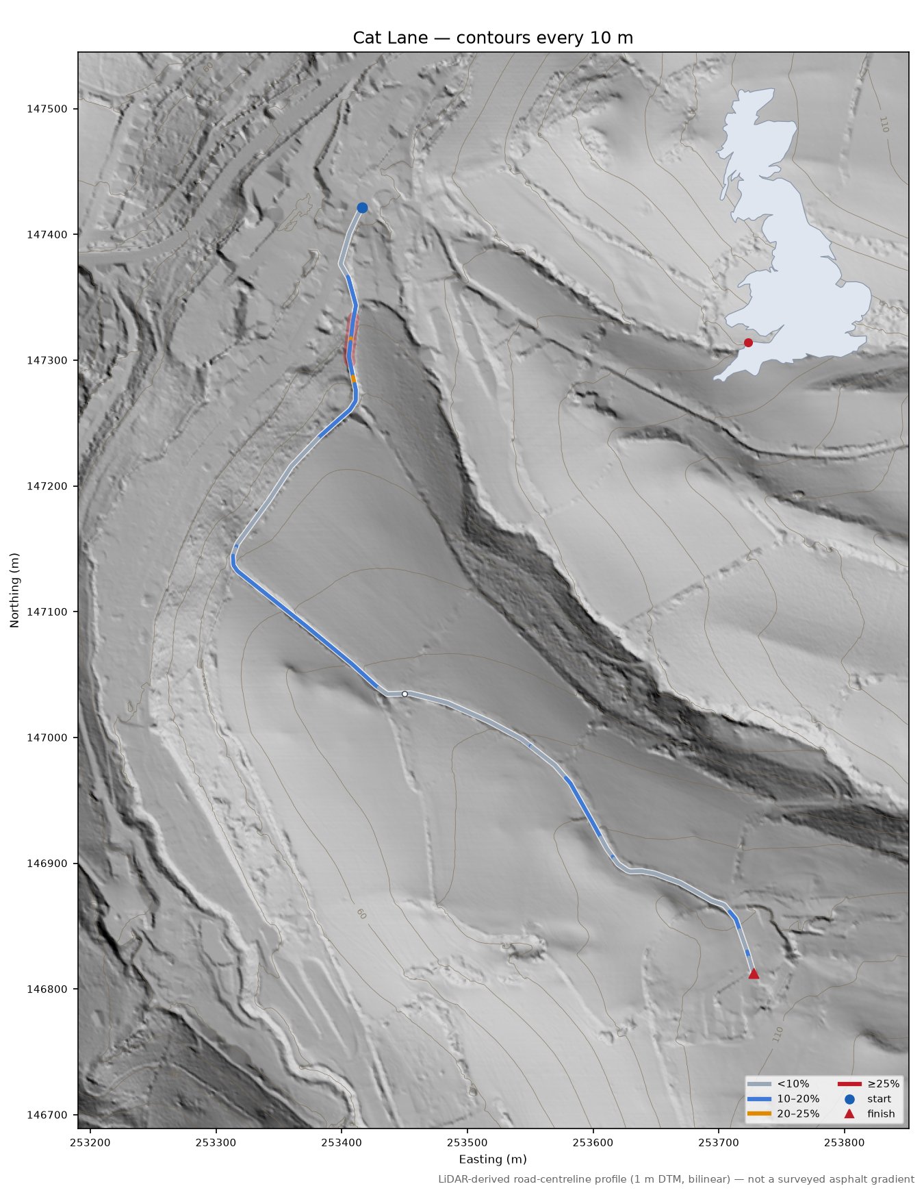 Cat Lane LiDAR hillshade map with contours