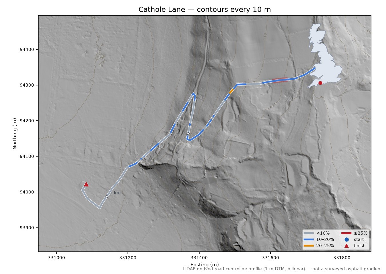 Cathole Lane LiDAR hillshade map with contours