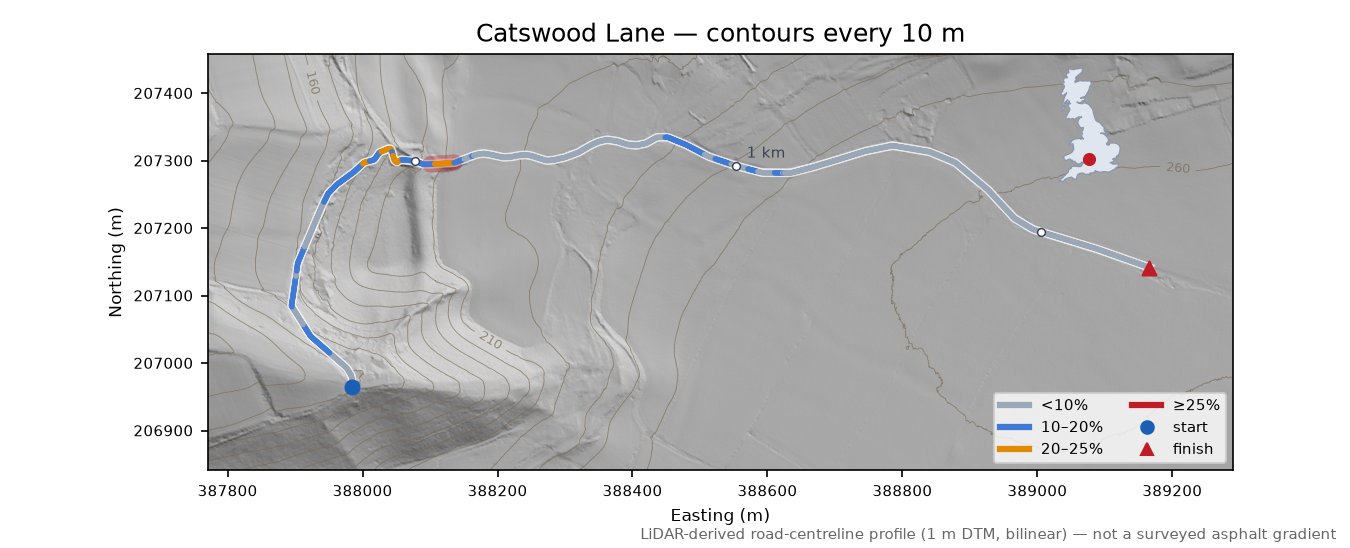 Catswood Lane LiDAR hillshade map with contours