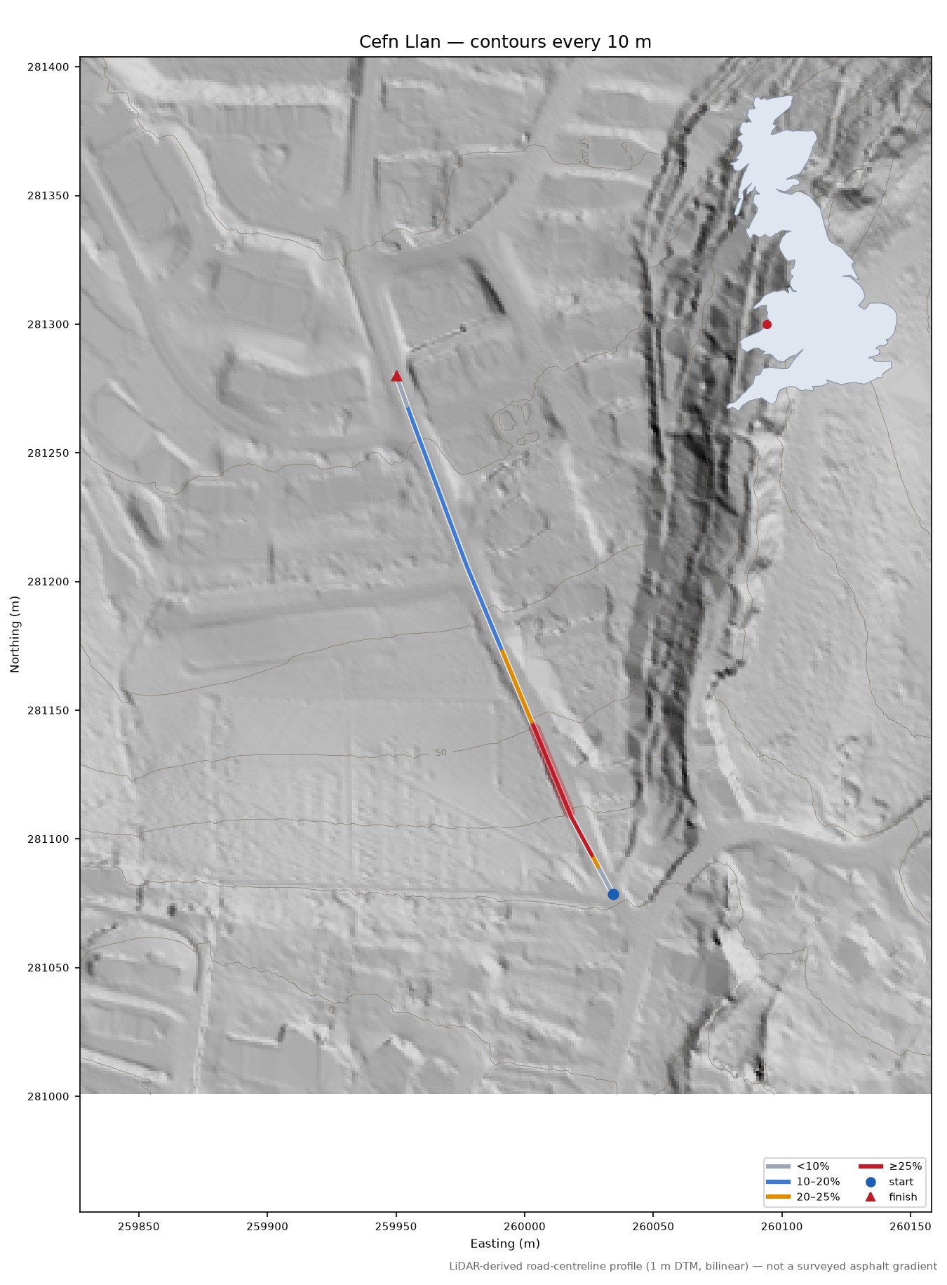 Cefn Llan LiDAR hillshade map with contours