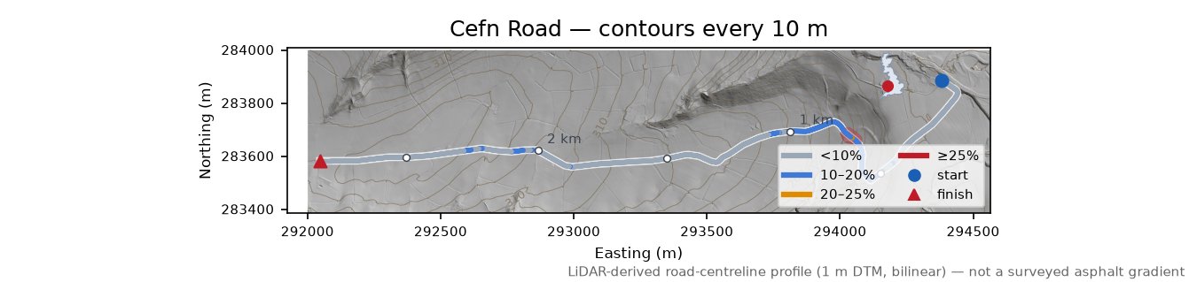 Cefn Road LiDAR hillshade map with contours