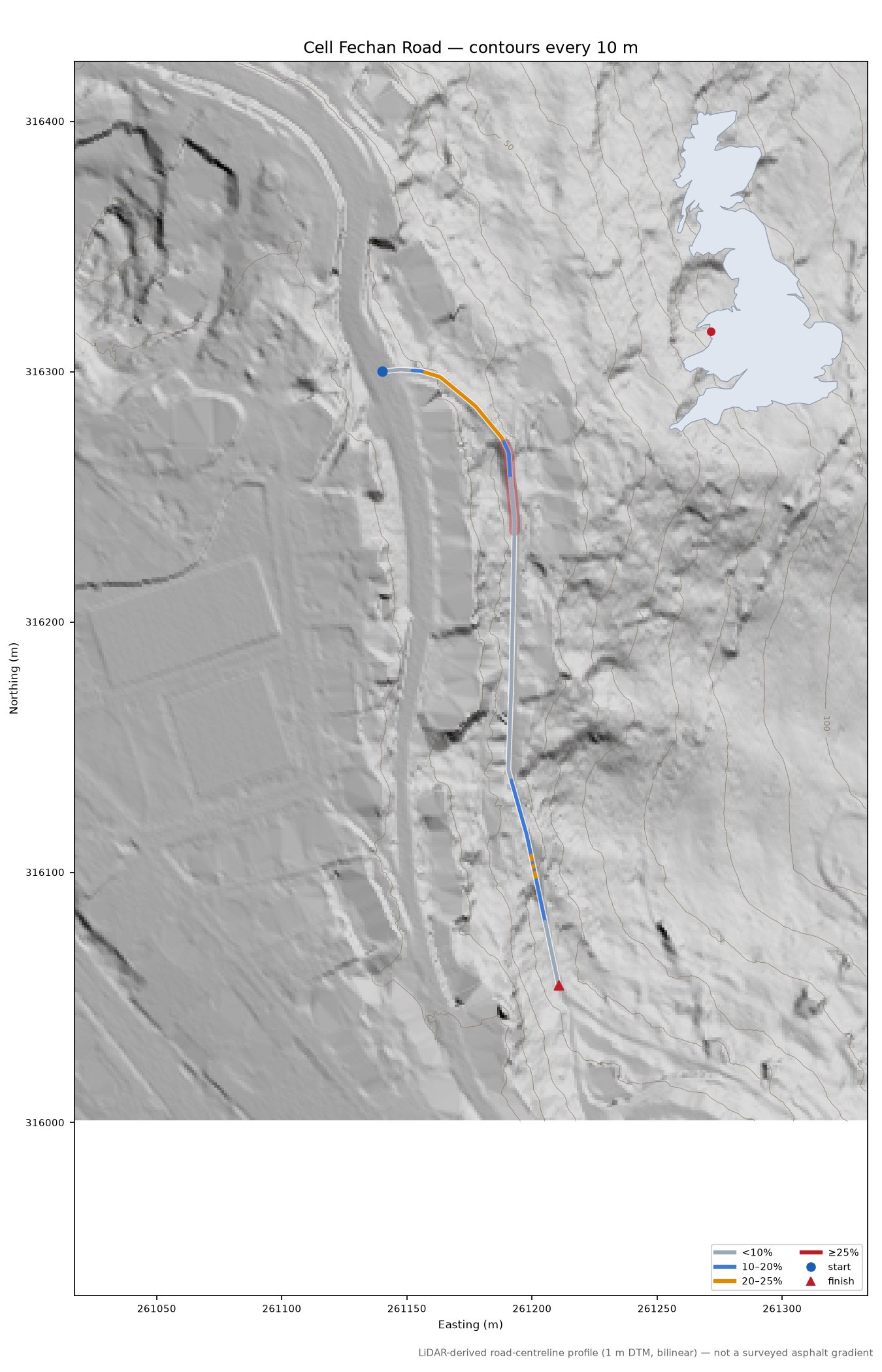 Cell Fechan Road LiDAR hillshade map with contours