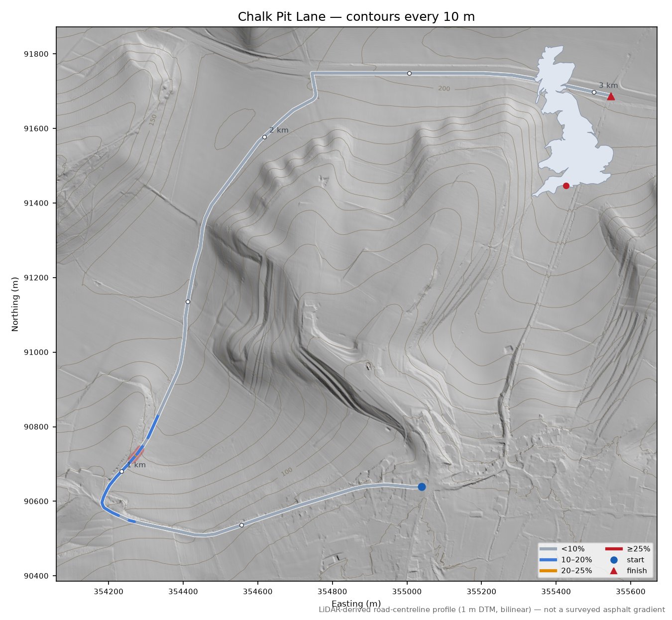 Chalk Pit Lane LiDAR hillshade map with contours