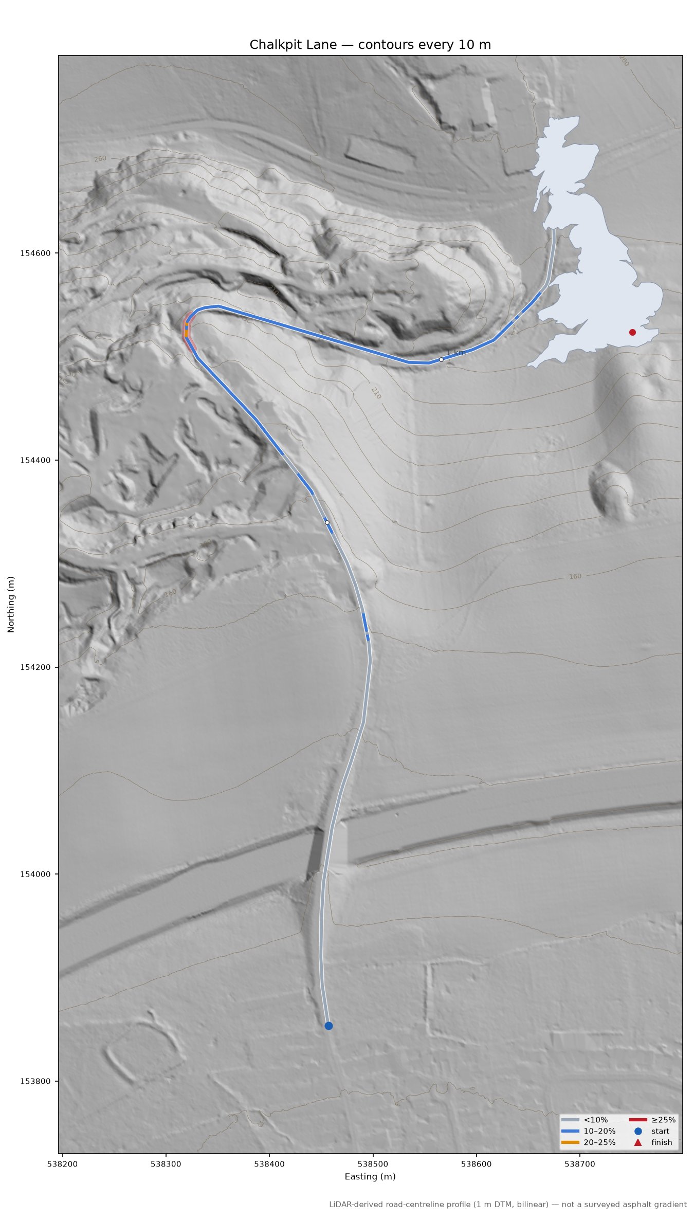 Chalkpit Lane LiDAR hillshade map with contours