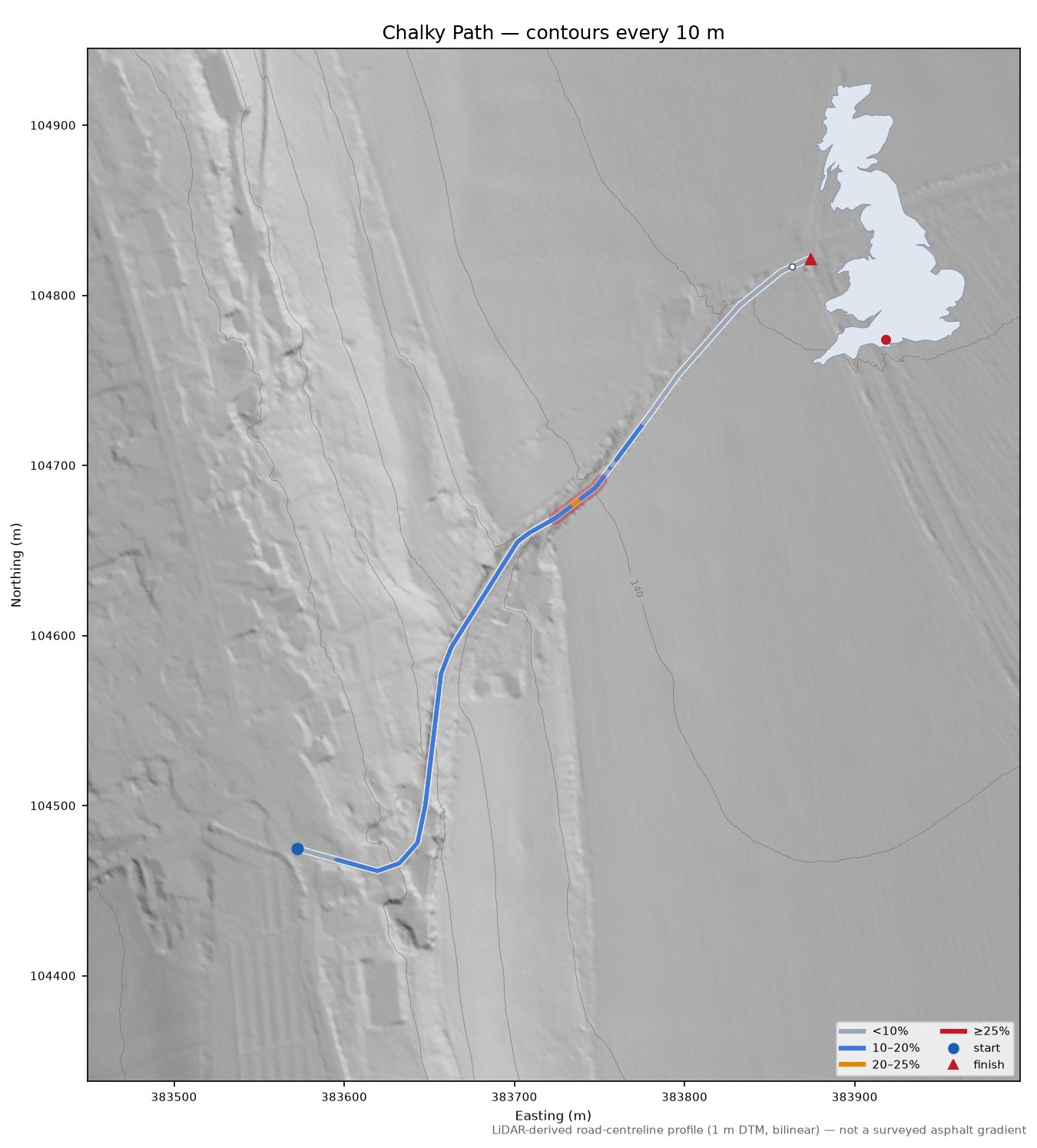 Chalky Path LiDAR hillshade map with contours