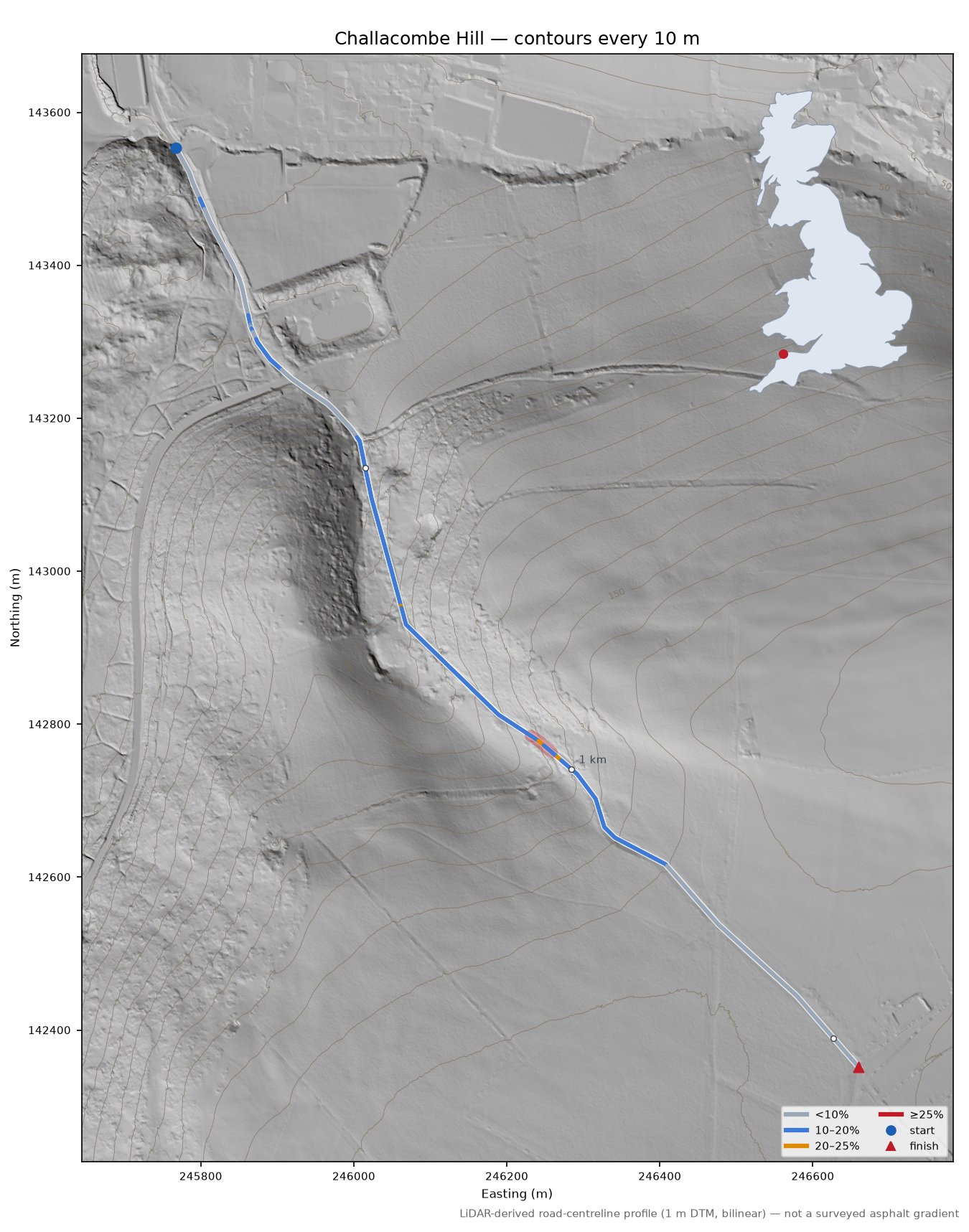 Challacombe Hill LiDAR hillshade map with contours