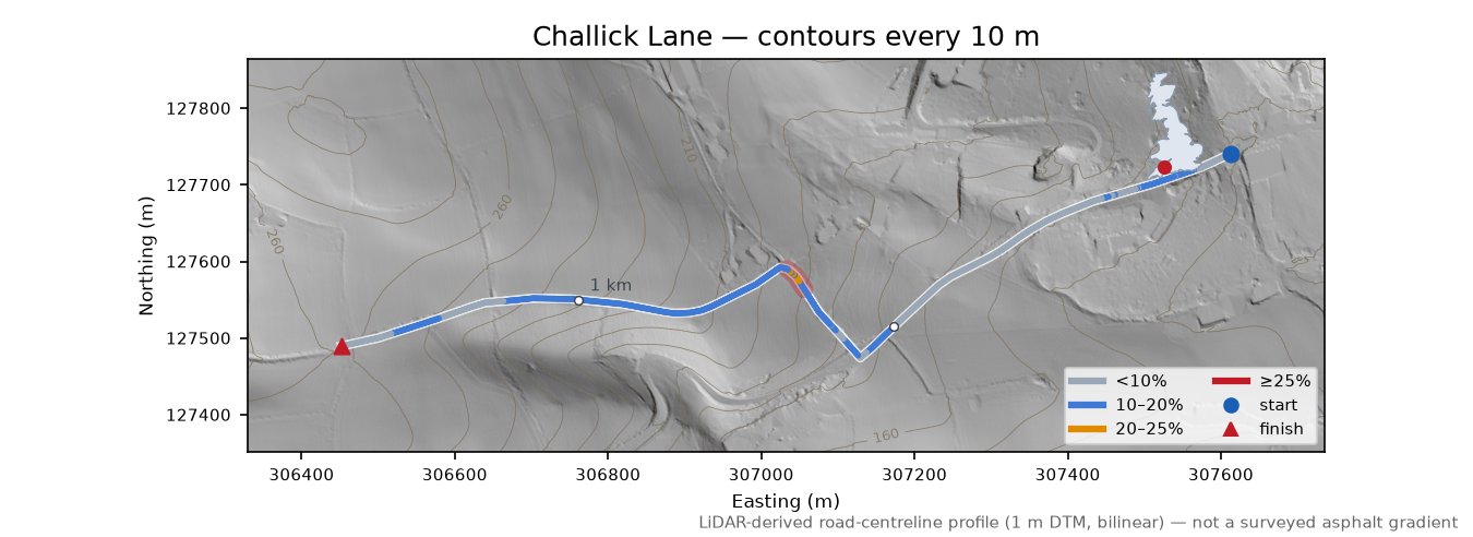 Challick Lane LiDAR hillshade map with contours