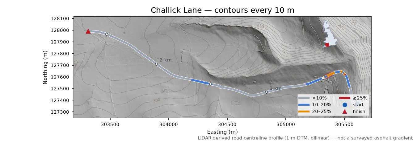 Challick Lane LiDAR hillshade map with contours