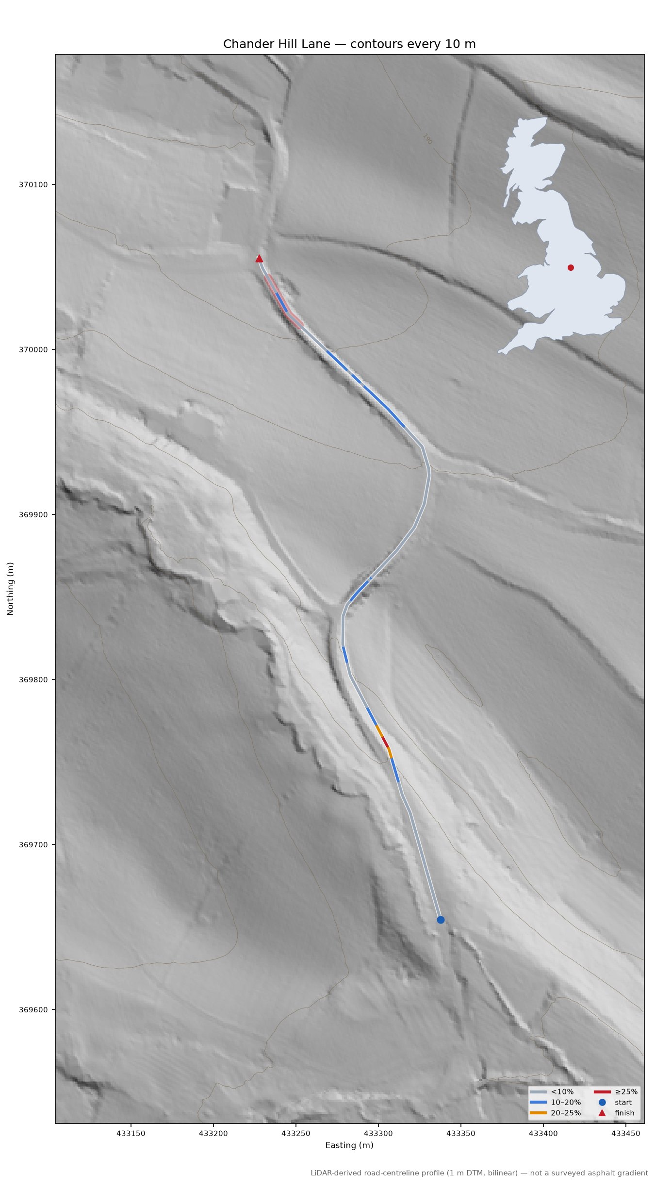 Chander Hill Lane LiDAR hillshade map with contours
