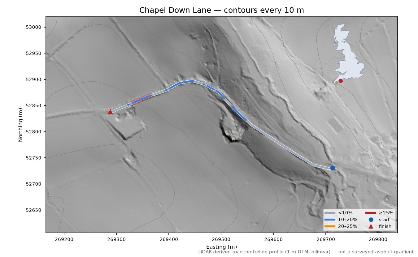 Chapel Down Lane LiDAR hillshade map with contours