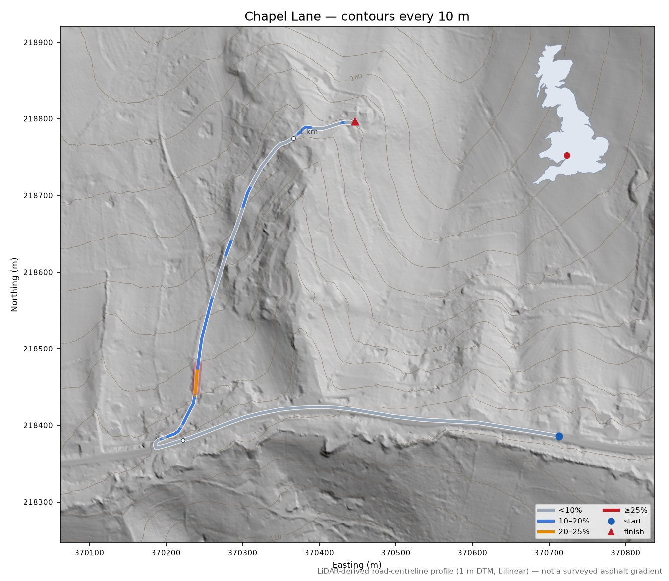 Chapel Lane LiDAR hillshade map with contours