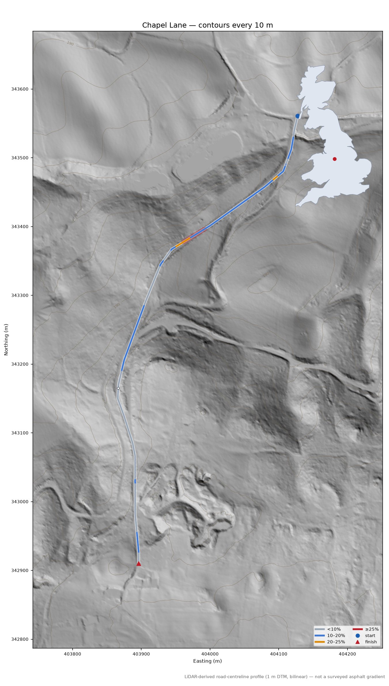 Chapel Lane LiDAR hillshade map with contours